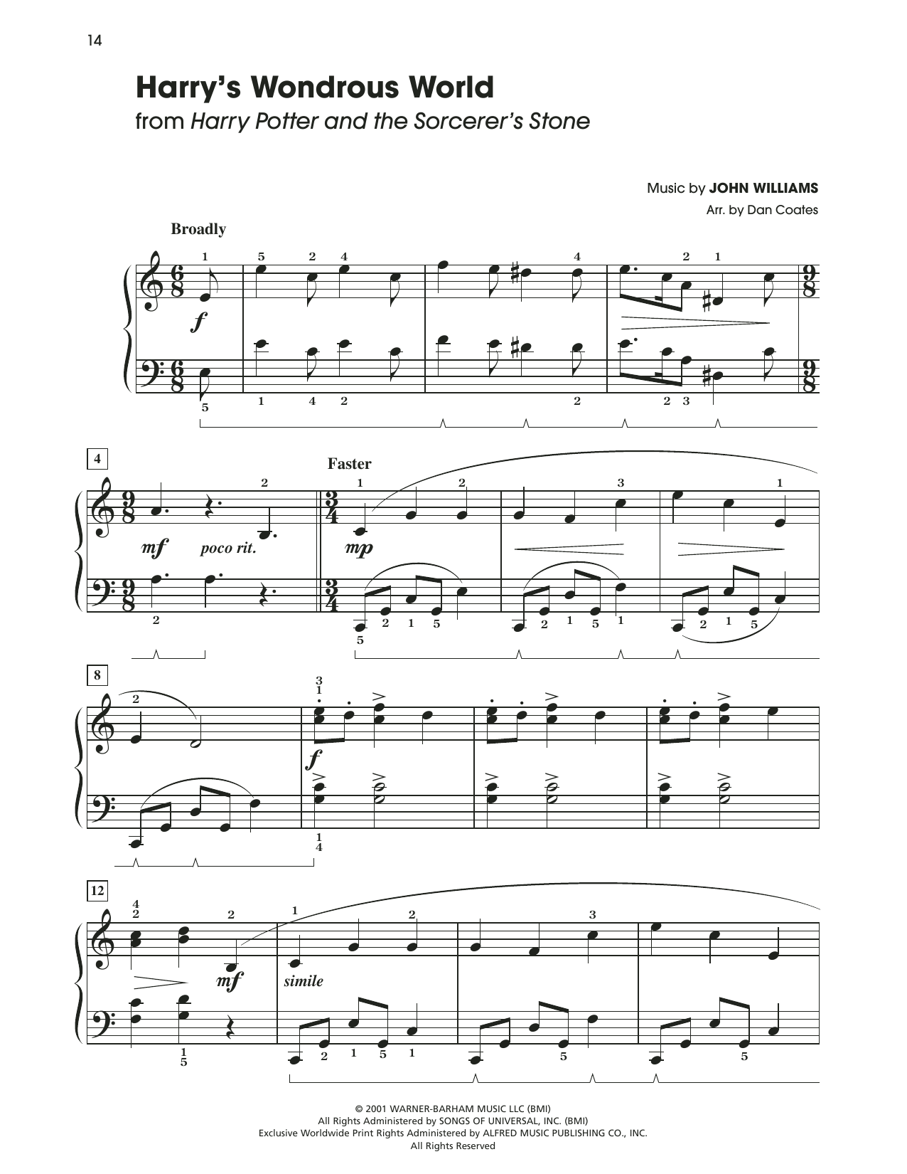 Download John Williams Harry's Wondrous World (arr. Dan Coates) Sheet Music and learn how to play Easy Piano PDF digital score in minutes