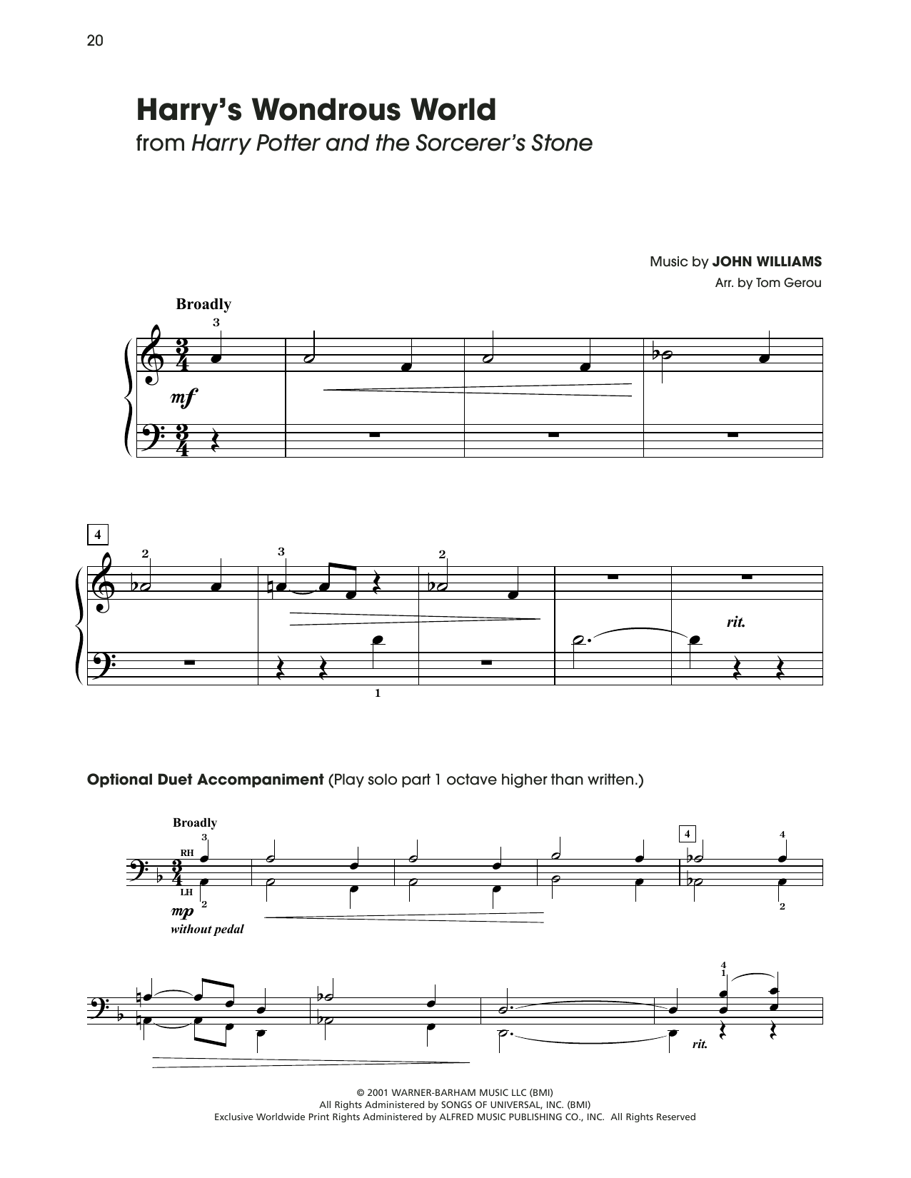 Download John Williams Harry's Wondrous World (from Harry Potter) (arr. Tom Gerou) Sheet Music and learn how to play 5-Finger Piano PDF digital score in minutes