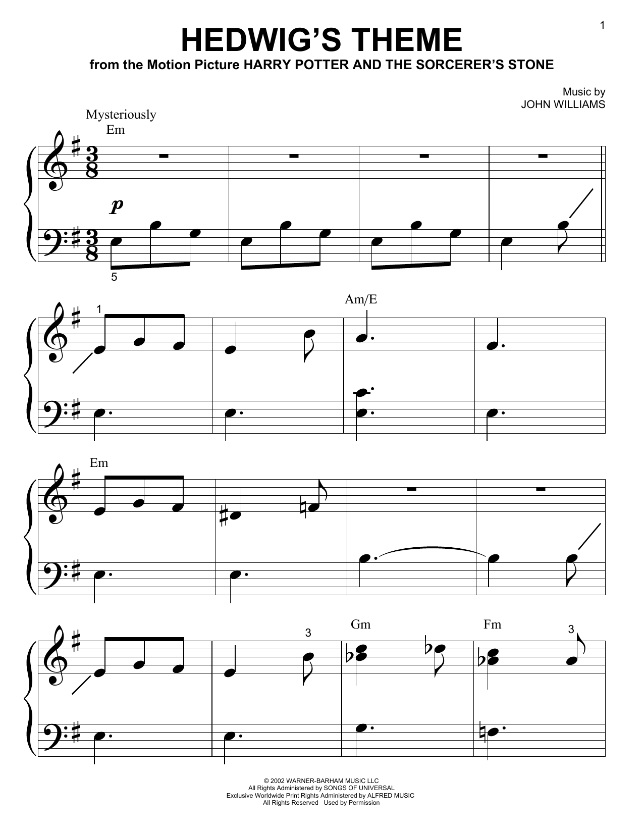 Download John Williams Hedwig's Theme (from Harry Potter And The Sorcerer's Stone) Sheet Music and learn how to play Easy Piano PDF digital score in minutes