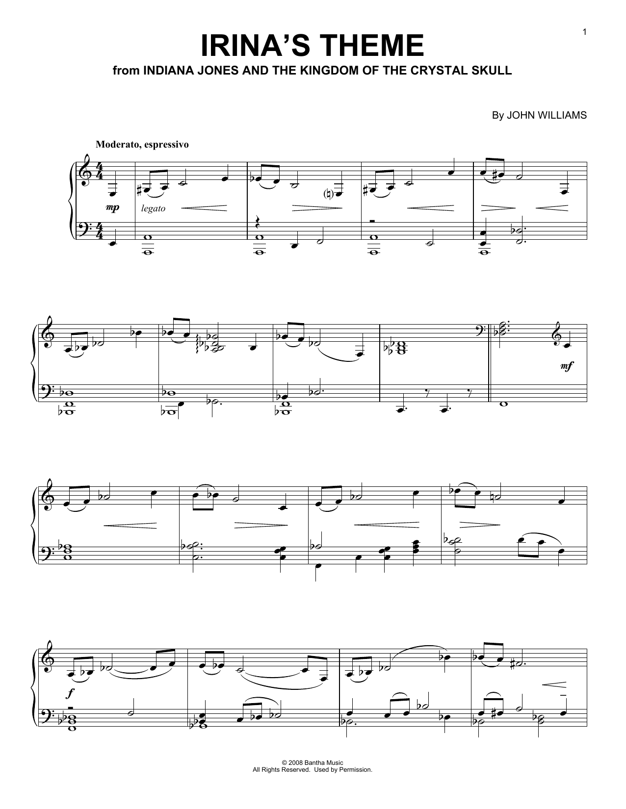 Download John Williams Irina's Theme (from Indiana Jones - Kingdom of the Crystal Skull) Sheet Music and learn how to play Piano Solo PDF digital score in minutes