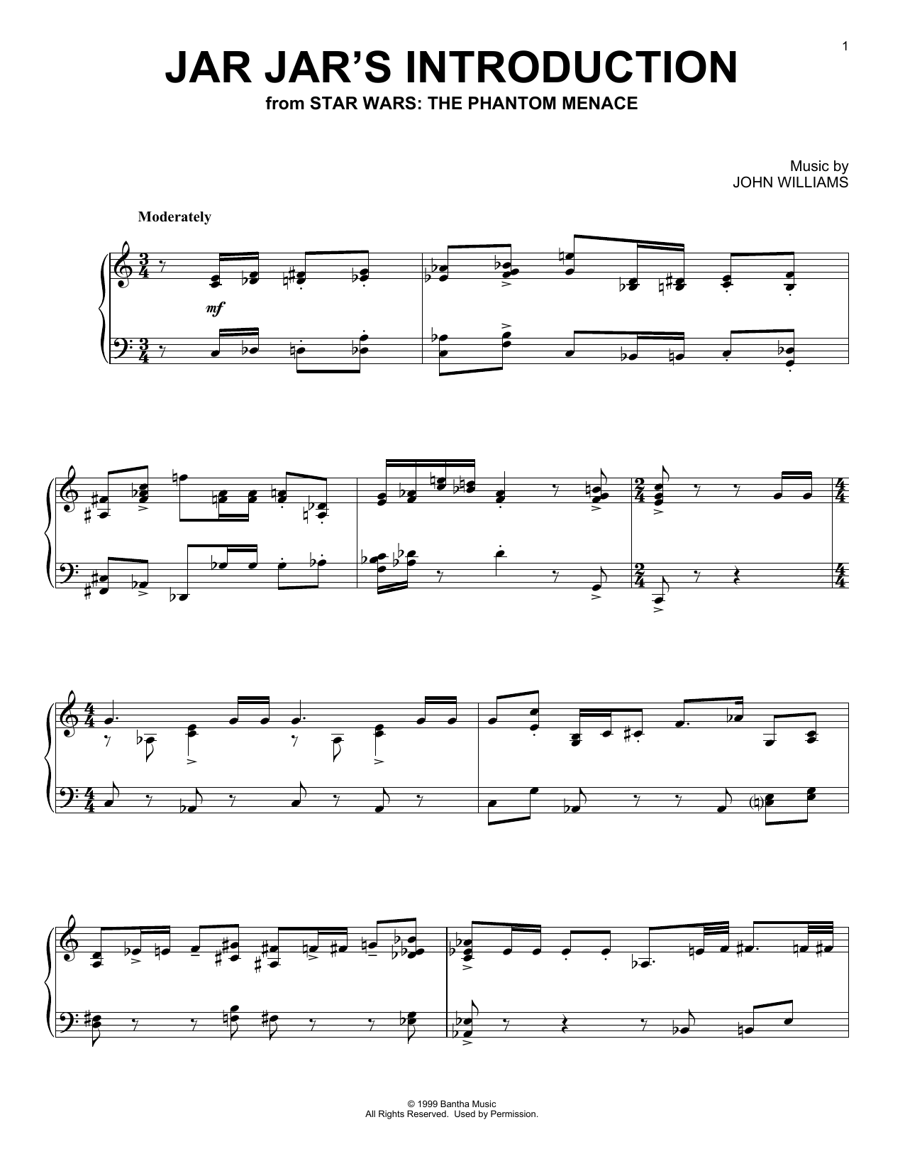 Download John Williams Jar Jar's Introduction And The Swim To Otoh Gunga (from Star Wars: The Phantom M Sheet Music and learn how to play Piano Solo PDF digital score in minutes