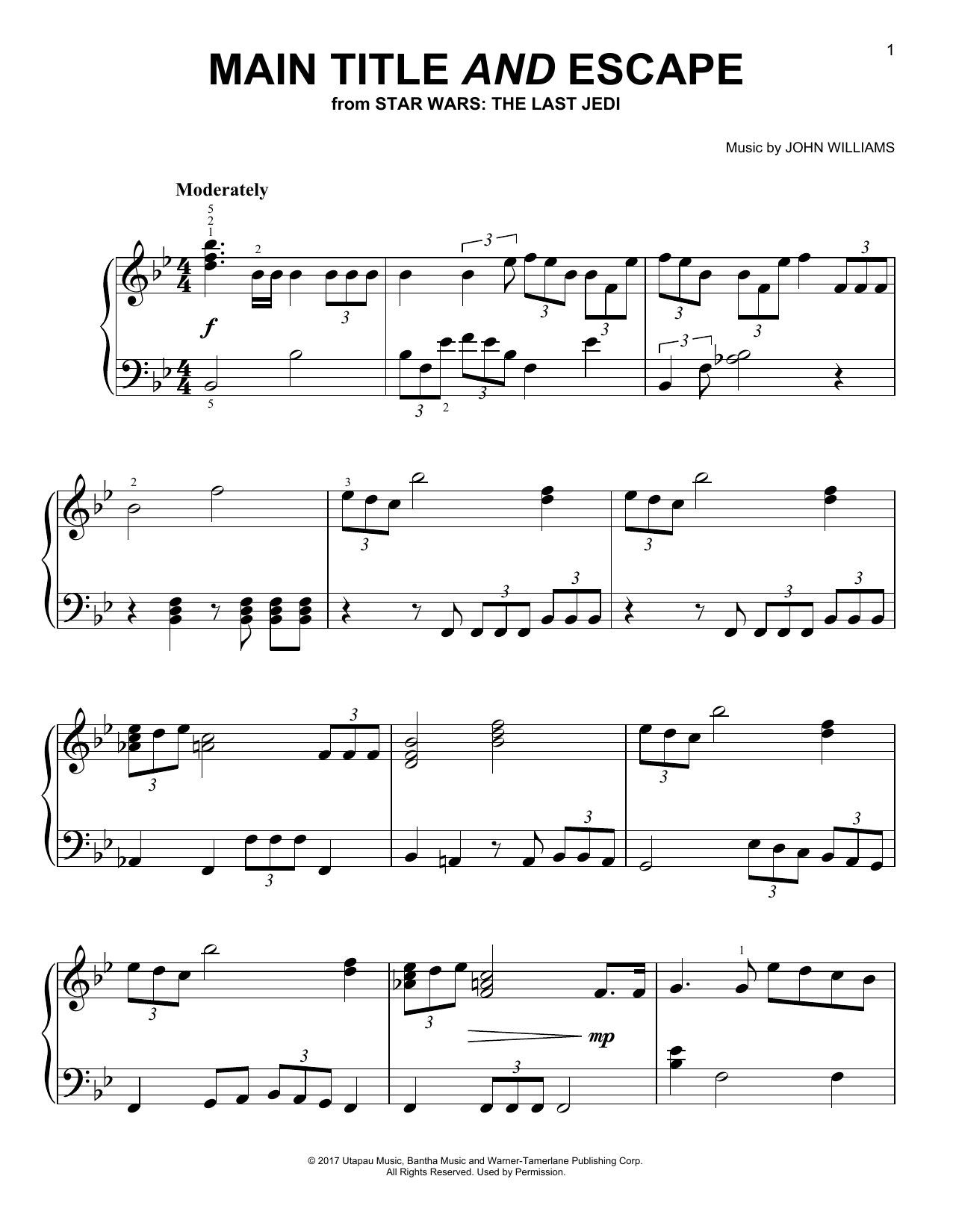 Download John Williams Main Title And Escape Sheet Music and learn how to play Easy Piano PDF digital score in minutes
