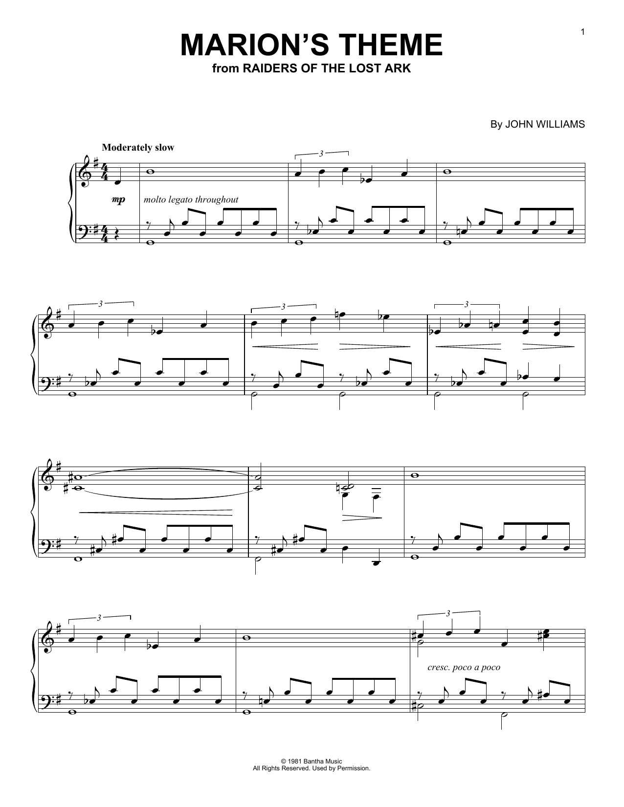 Download John Williams Marion's Theme (from Raiders Of The Lost Ark) Sheet Music and learn how to play Piano Solo PDF digital score in minutes