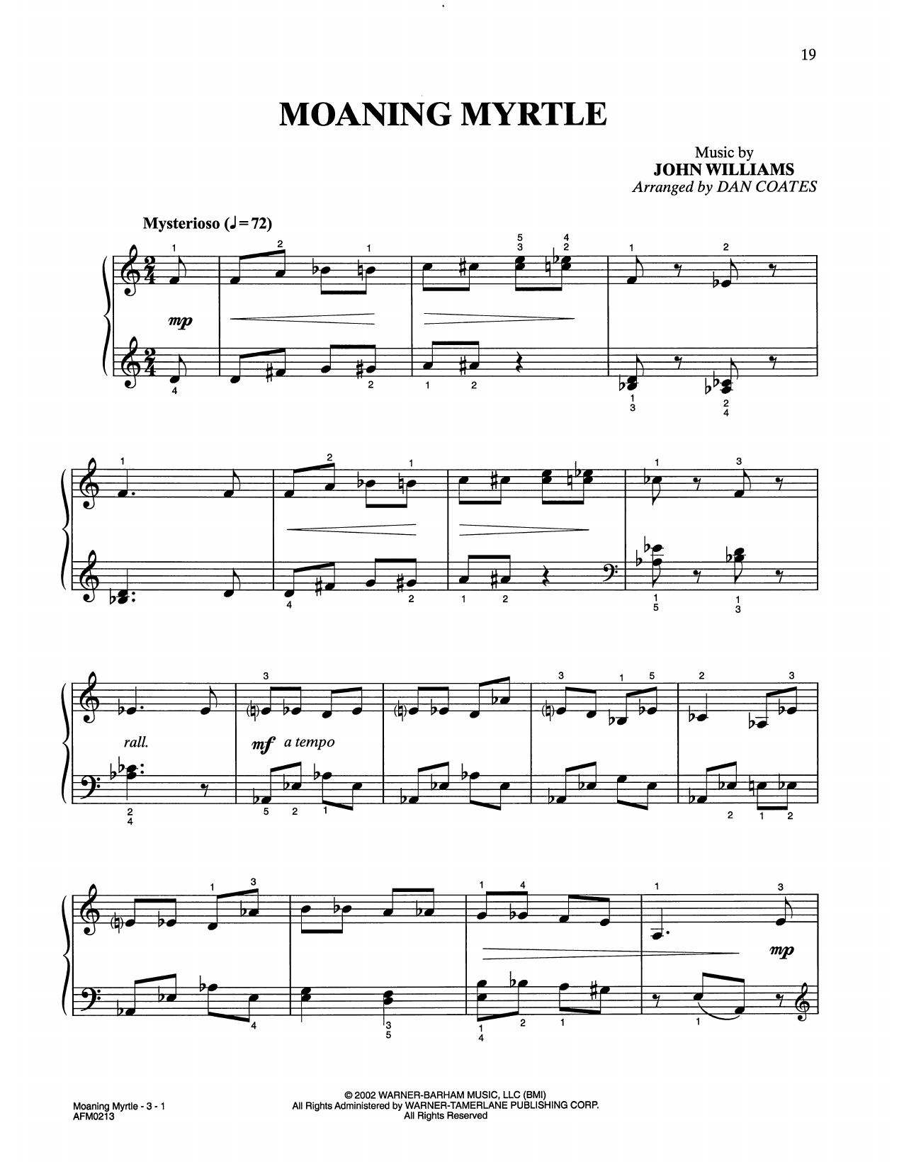 Download John Williams Moaning Myrtle (from Harry Potter) (arr. Dan Coates) Sheet Music and learn how to play Easy Piano PDF digital score in minutes