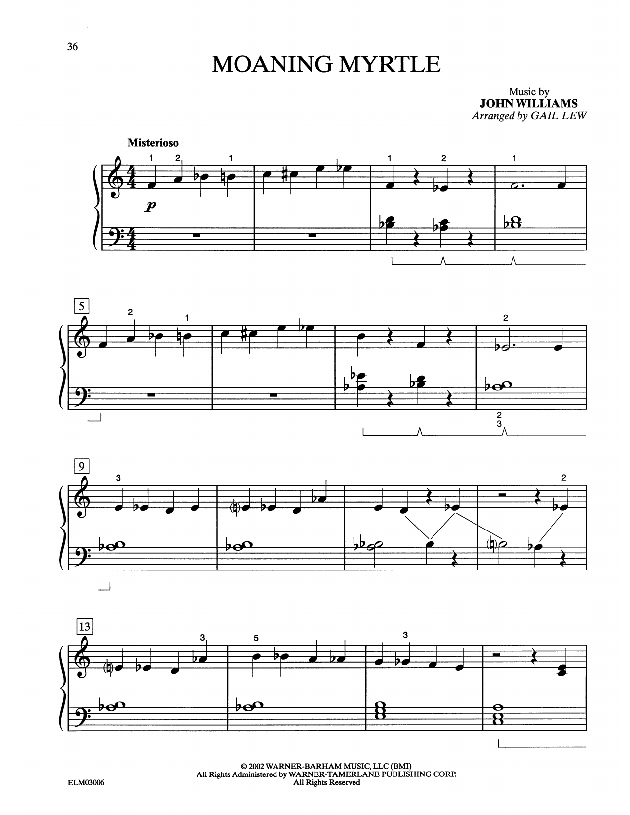 Download John Williams Moaning Myrtle (from Harry Potter) (arr. Gail Lewis) Sheet Music and learn how to play Easy Piano PDF digital score in minutes