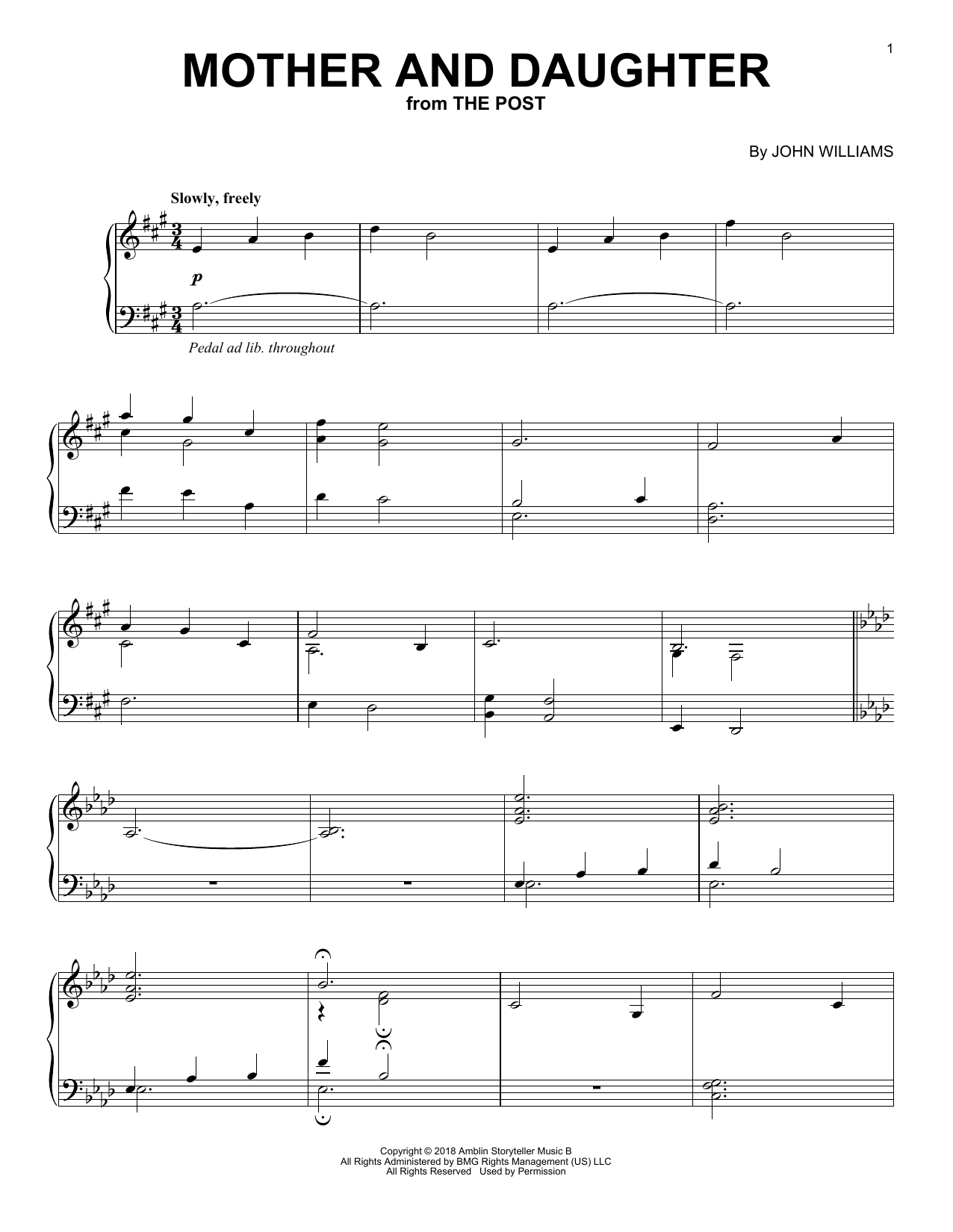 Download John Williams Mother And Daughter (from The Post) Sheet Music and learn how to play Piano PDF digital score in minutes