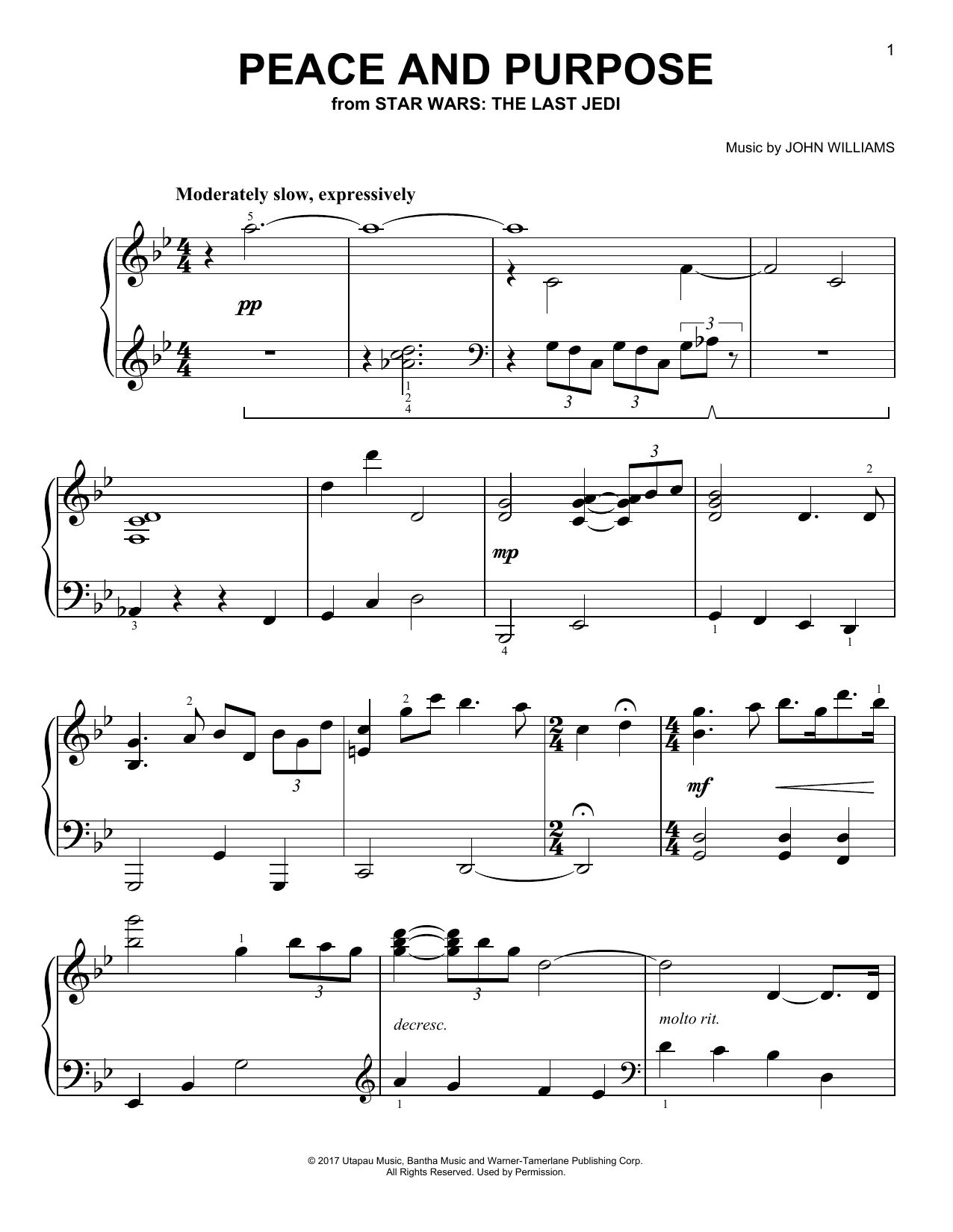 Download John Williams Peace And Purpose Sheet Music and learn how to play Easy Piano PDF digital score in minutes