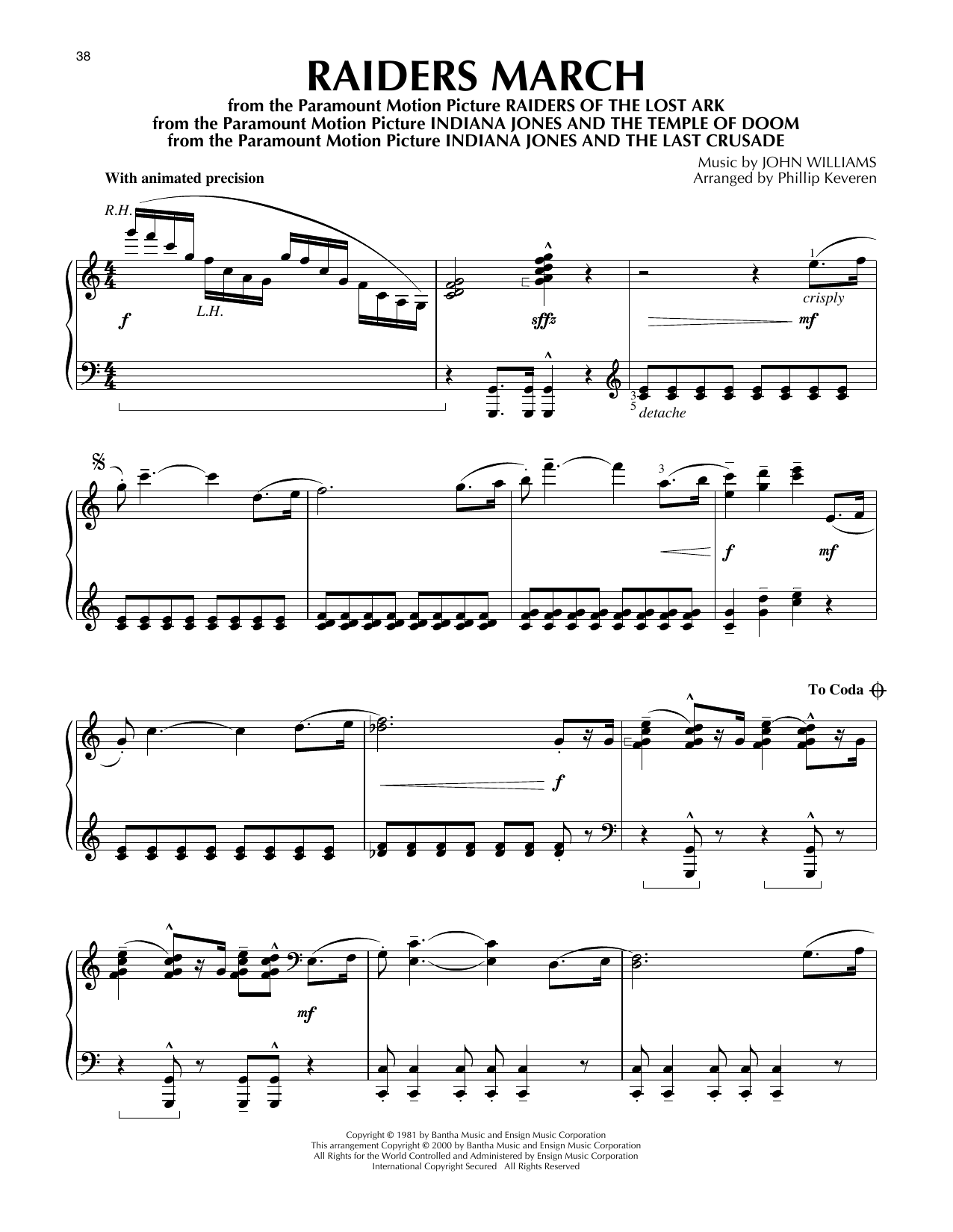 Download John Williams Raiders March (from Indiana Jones) (arr. Phillip Keveren) Sheet Music and learn how to play Piano Solo PDF digital score in minutes