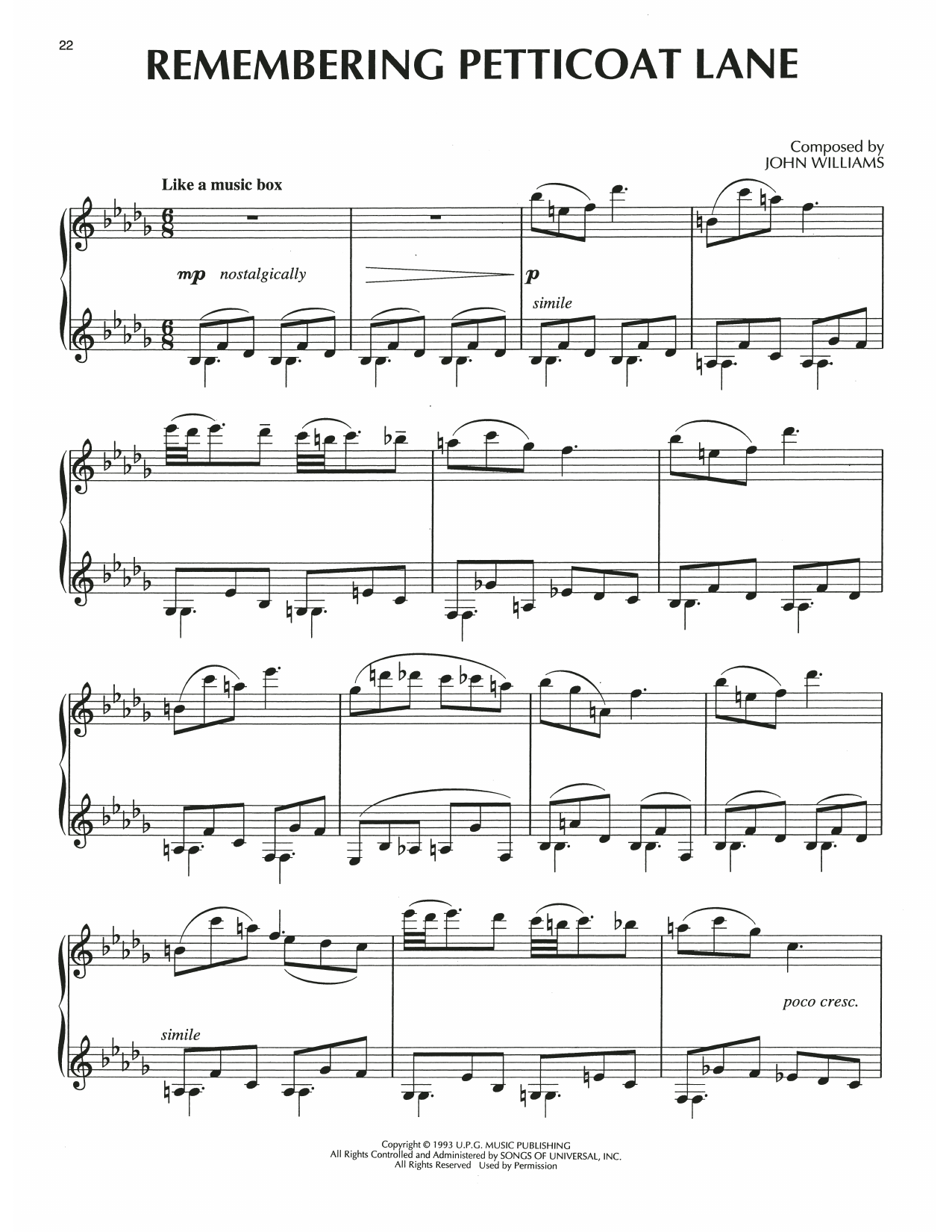 Download John Williams Remembering Petticoat Lane (from Jurassic Park) Sheet Music and learn how to play Piano Solo PDF digital score in minutes