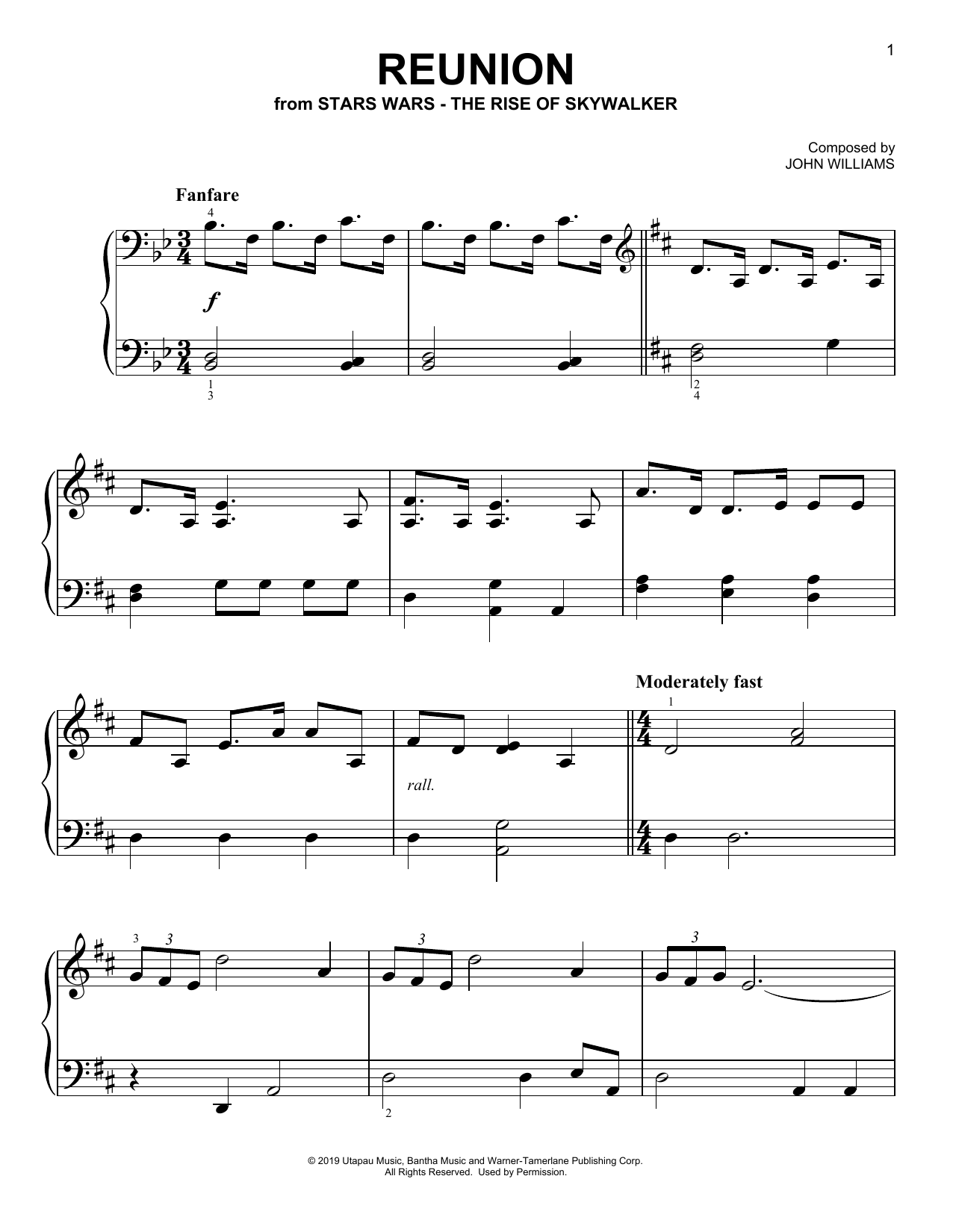 Download John Williams Reunion (from The Rise Of Skywalker) Sheet Music and learn how to play Piano Solo PDF digital score in minutes