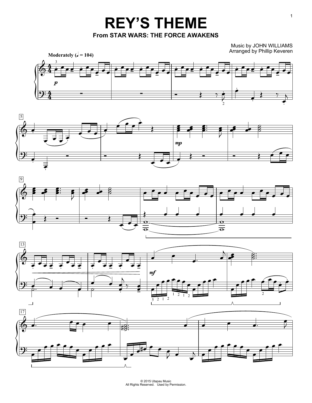 Download John Williams Rey's Theme (arr. Phillip Keveren) Sheet Music and learn how to play Big Note Piano PDF digital score in minutes