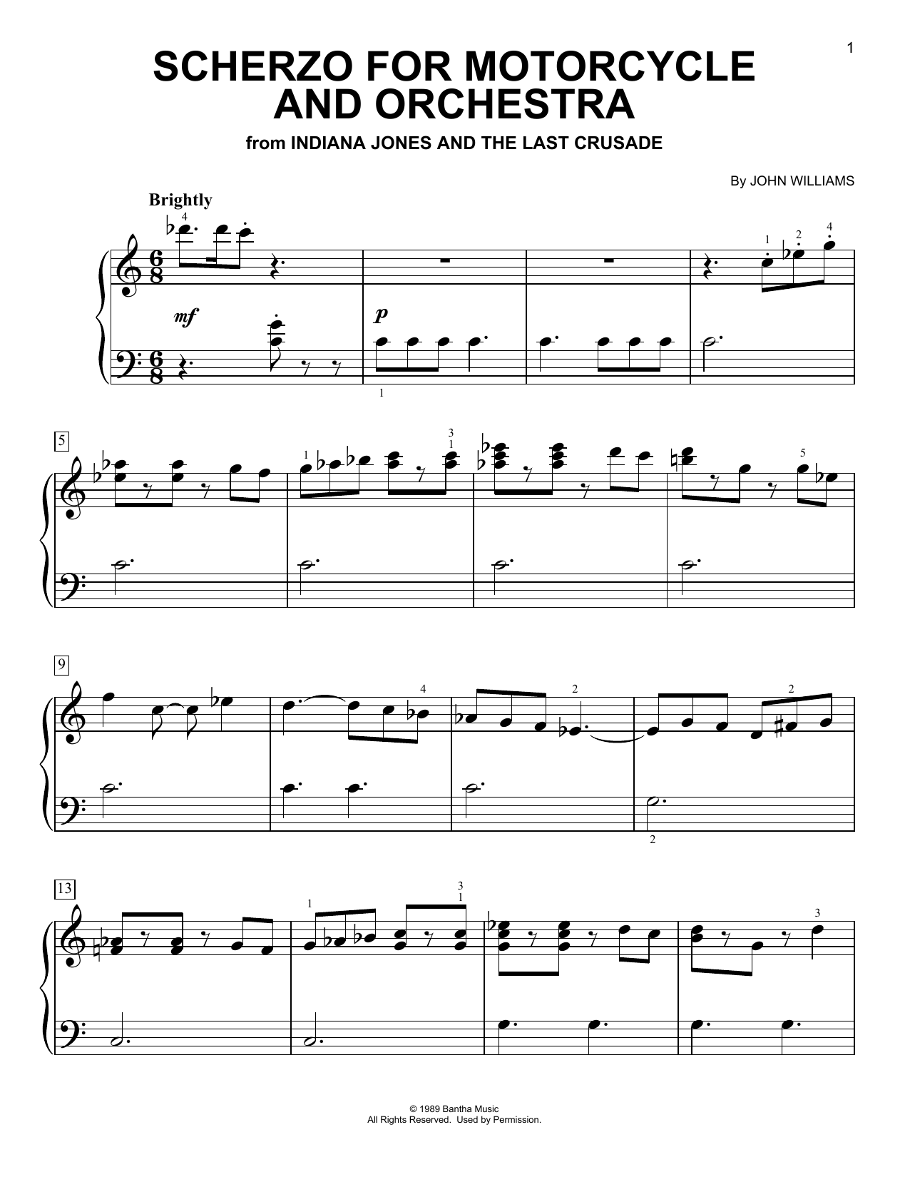 Download John Williams Scherzo For Motorcycle And Orchestra (from Indiana Jones) Sheet Music and learn how to play Easy Piano PDF digital score in minutes