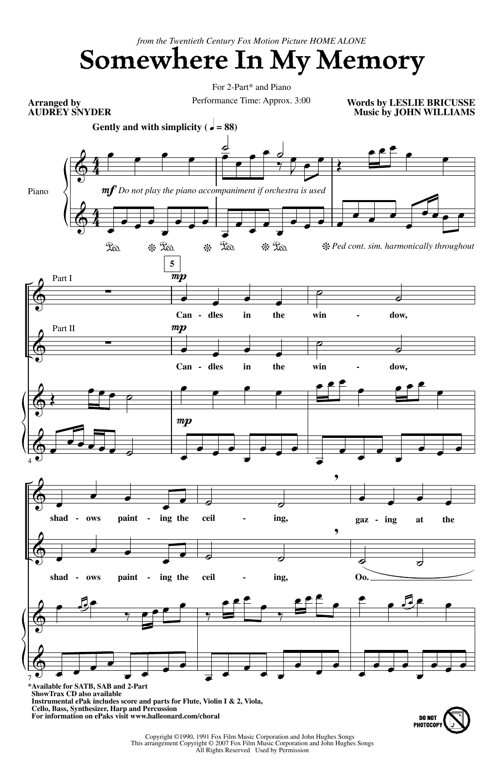 Download John Williams Somewhere In My Memory (from Home Alone) (arr. Audrey Snyder) Sheet Music and learn how to play 2-Part Choir PDF digital score in minutes