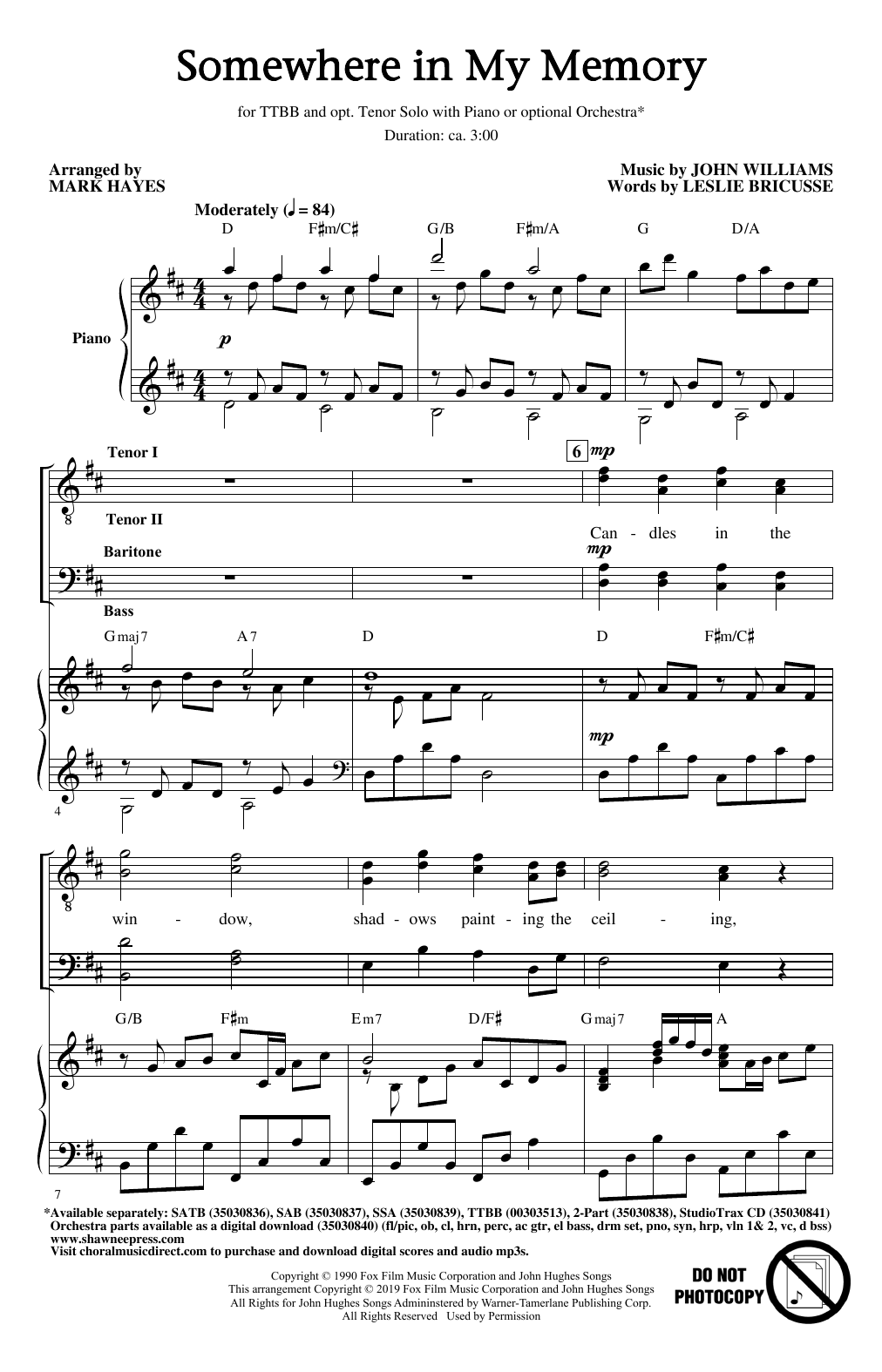 Download John Williams Somewhere In My Memory (from Home Alone) (arr. Mark Hayes) Sheet Music and learn how to play TTBB Choir PDF digital score in minutes