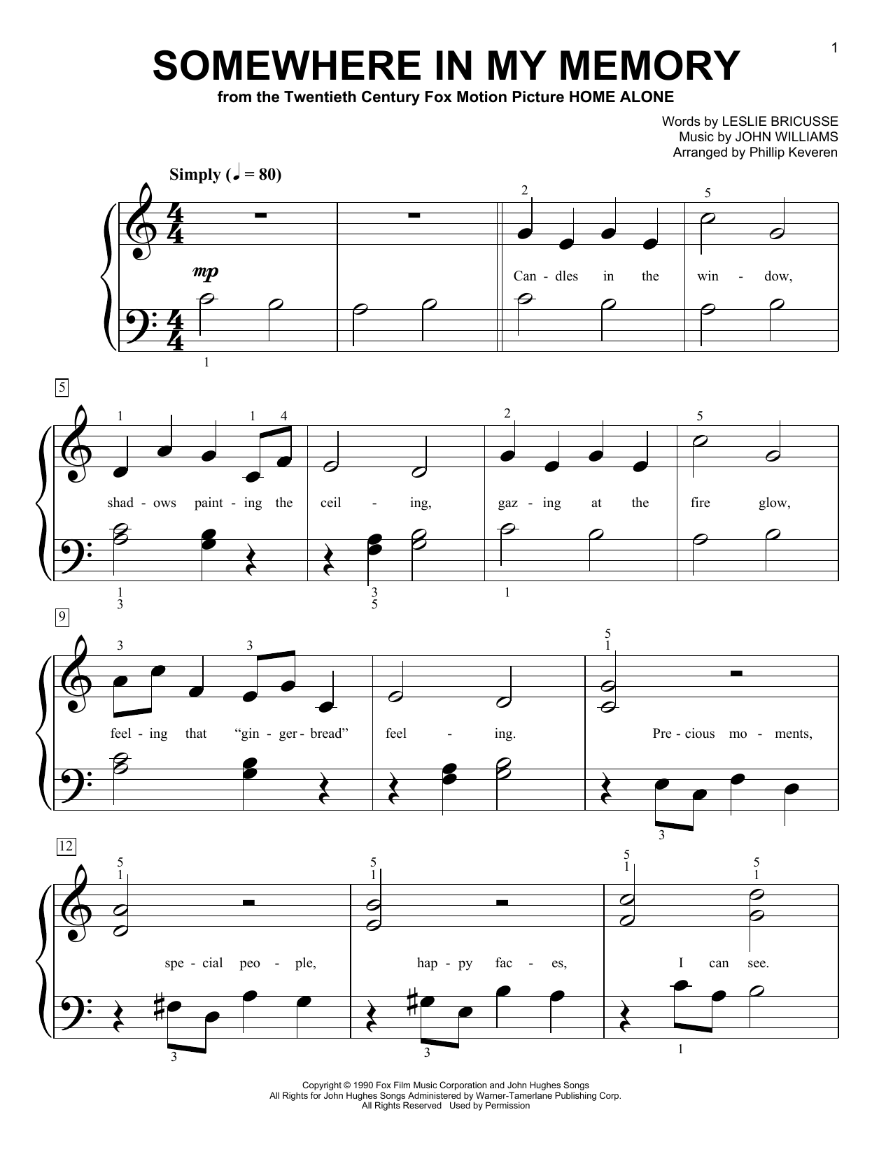 Download John Williams Somewhere In My Memory (from Home Alone) (arr. Phillip Keveren) Sheet Music and learn how to play Big Note Piano PDF digital score in minutes