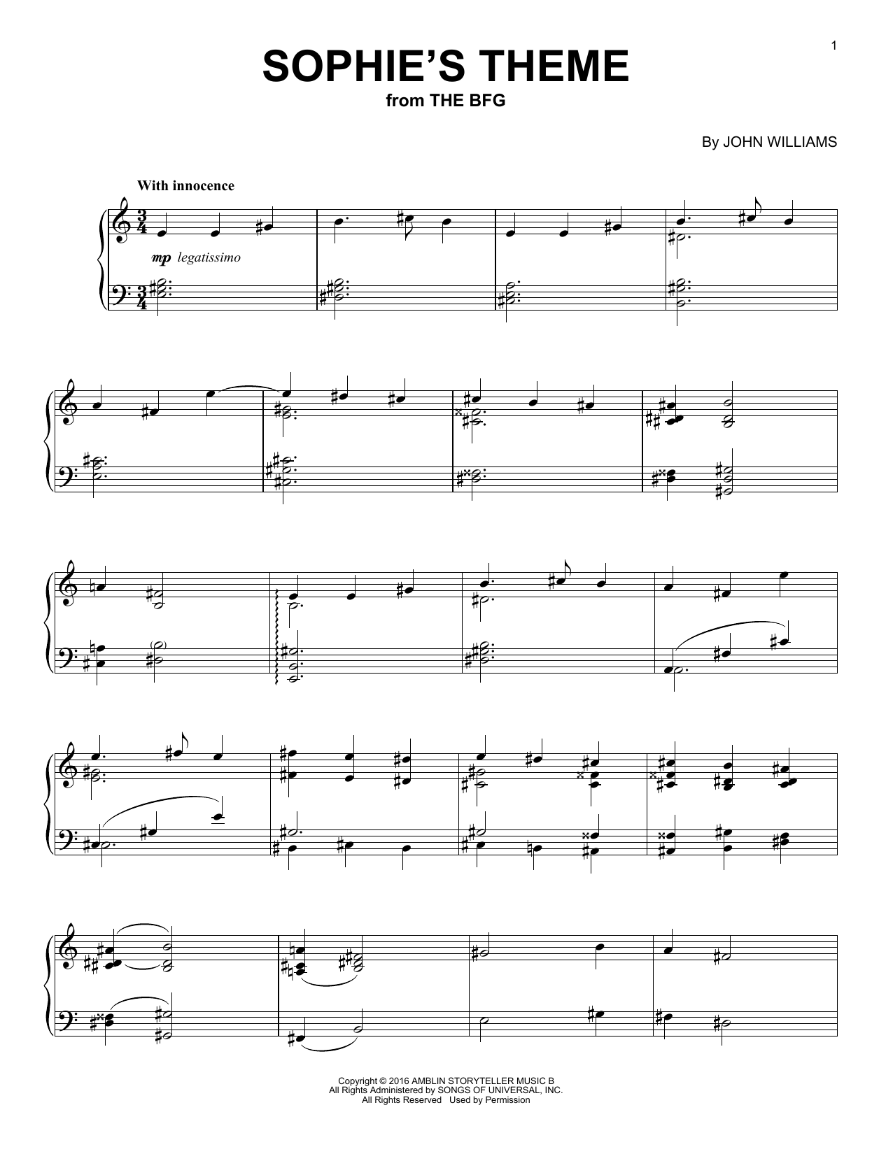 Download John Williams Sophie's Theme Sheet Music and learn how to play Piano PDF digital score in minutes