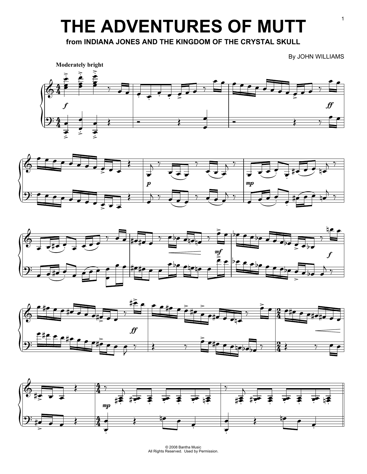Download John Williams The Adventures Of Mutt (from Indiana Jones - Kingdom of the Crystal Skull) Sheet Music and learn how to play Piano Solo PDF digital score in minutes