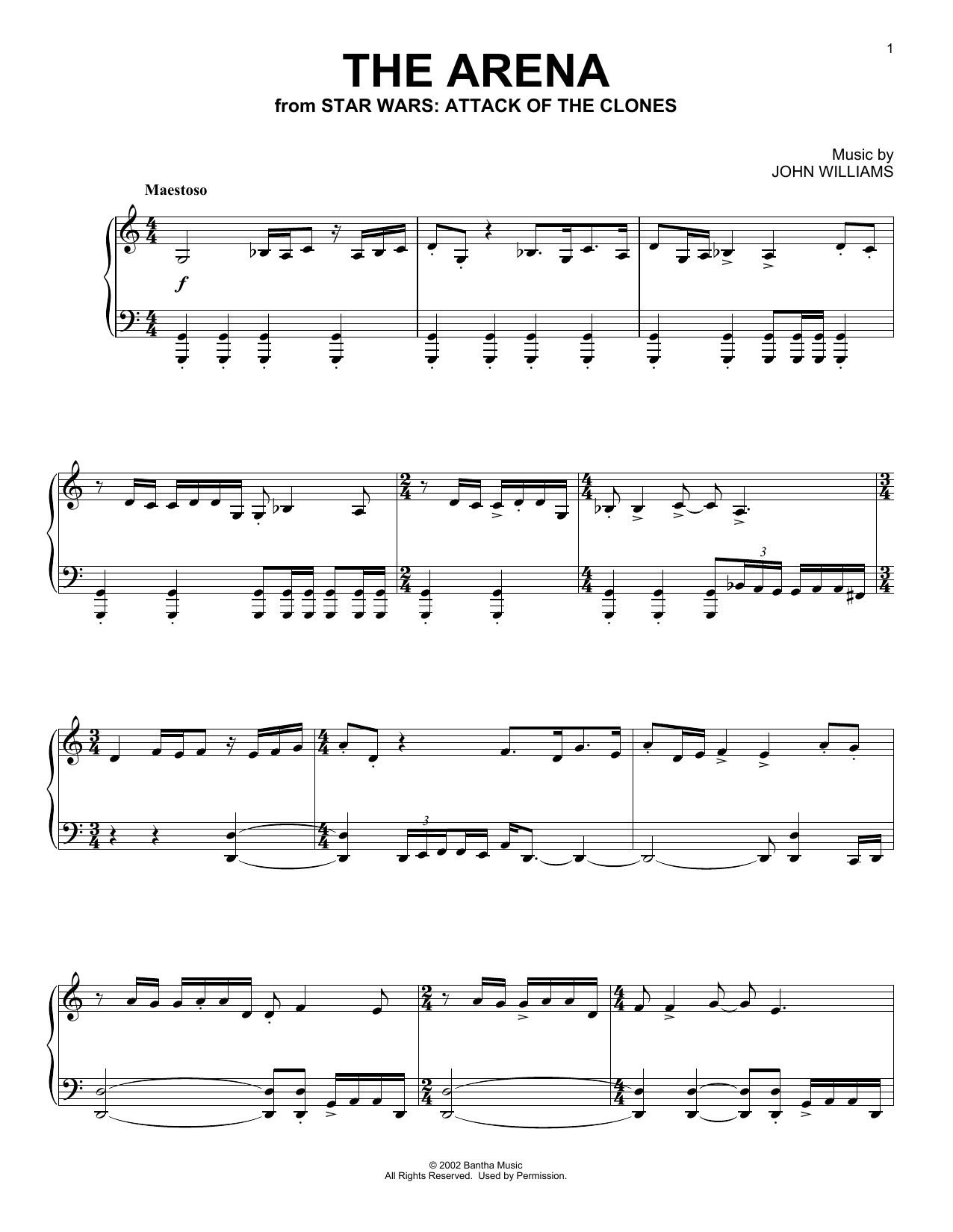 Download John Williams The Arena (from Star Wars: Attack Of The Clones) Sheet Music and learn how to play Piano Solo PDF digital score in minutes