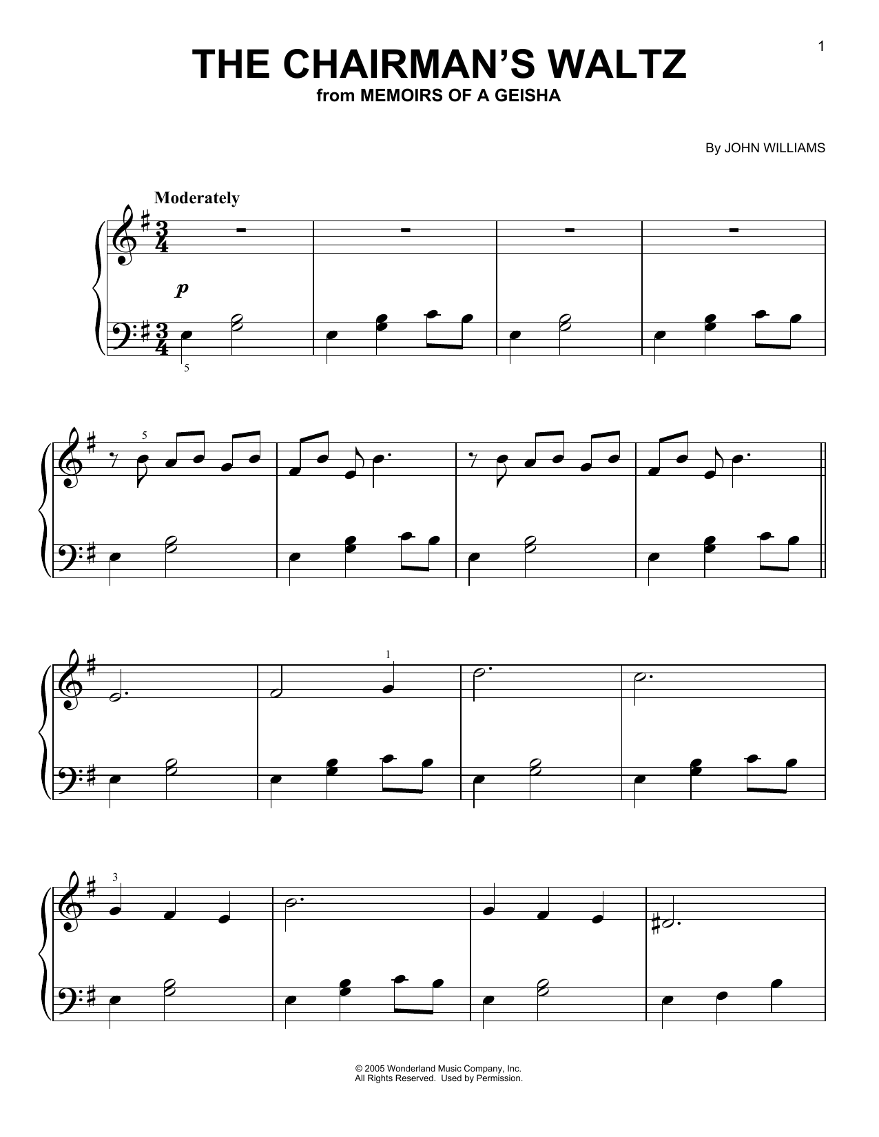 Download John Williams The Chairman's Waltz (from Memoirs of a Geisha) Sheet Music and learn how to play Very Easy Piano PDF digital score in minutes