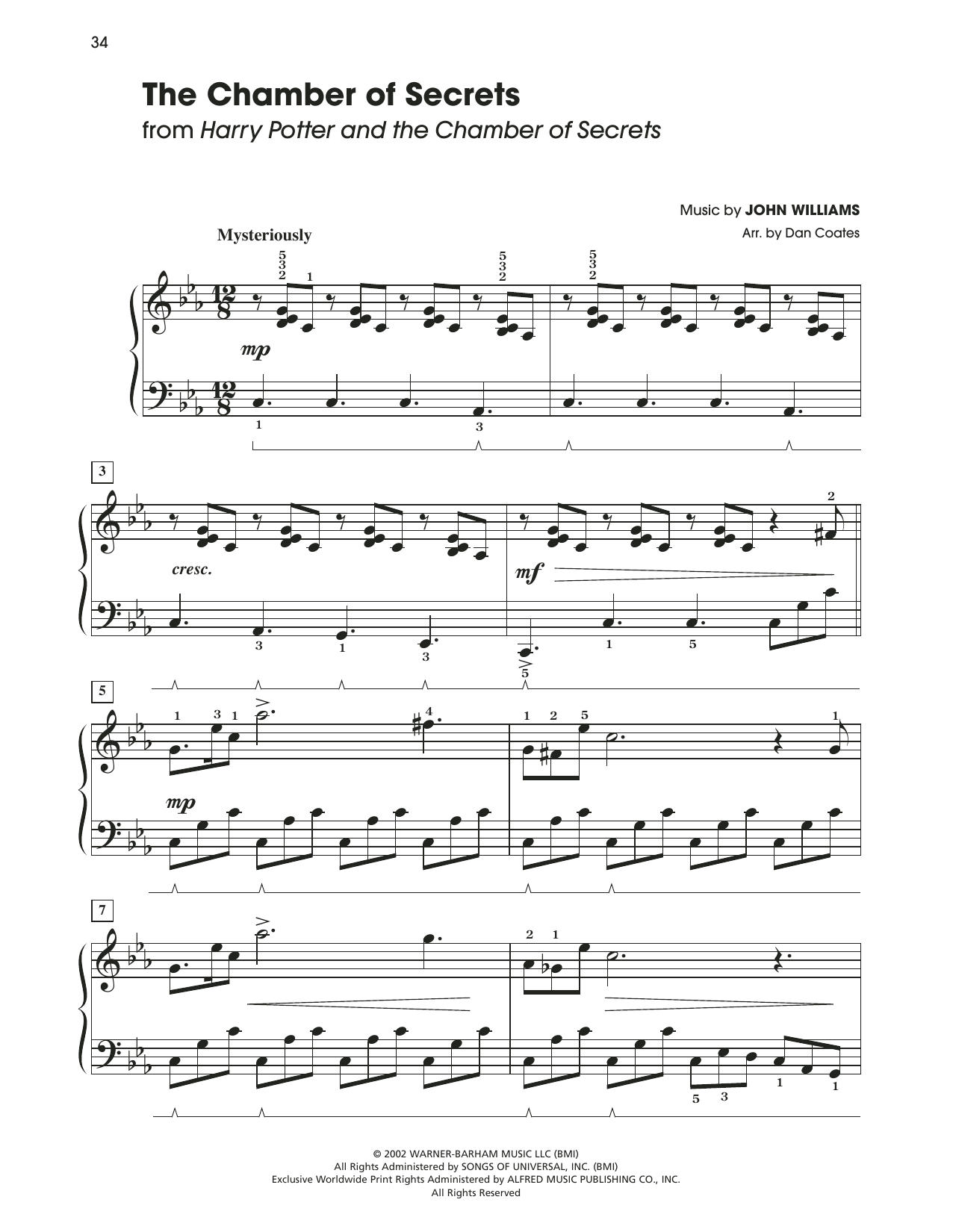 Download John Williams The Chamber Of Secrets (from Harry Potter) (arr. Dan Coates) Sheet Music and learn how to play Easy Piano PDF digital score in minutes