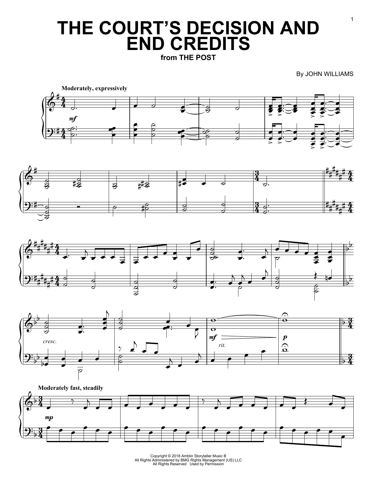 Download John Williams The Court's Decision And End Credits (from The Post) Sheet Music and learn how to play Piano PDF digital score in minutes