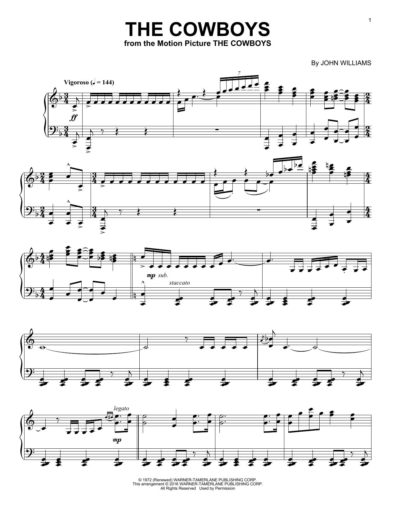 Download John Williams The Cowboys Sheet Music and learn how to play Piano PDF digital score in minutes