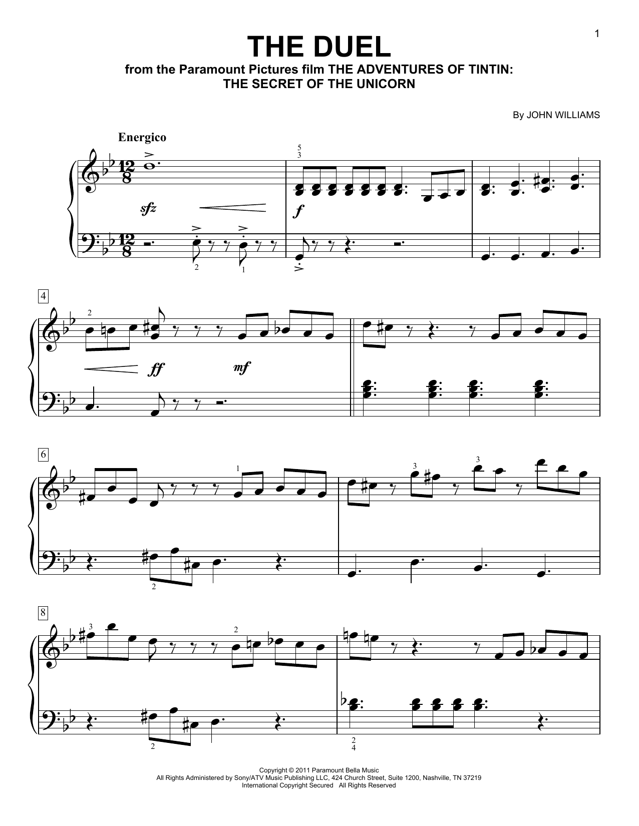 Download John Williams The Duel (from The Adventures Of Tintin) Sheet Music and learn how to play Easy Piano PDF digital score in minutes