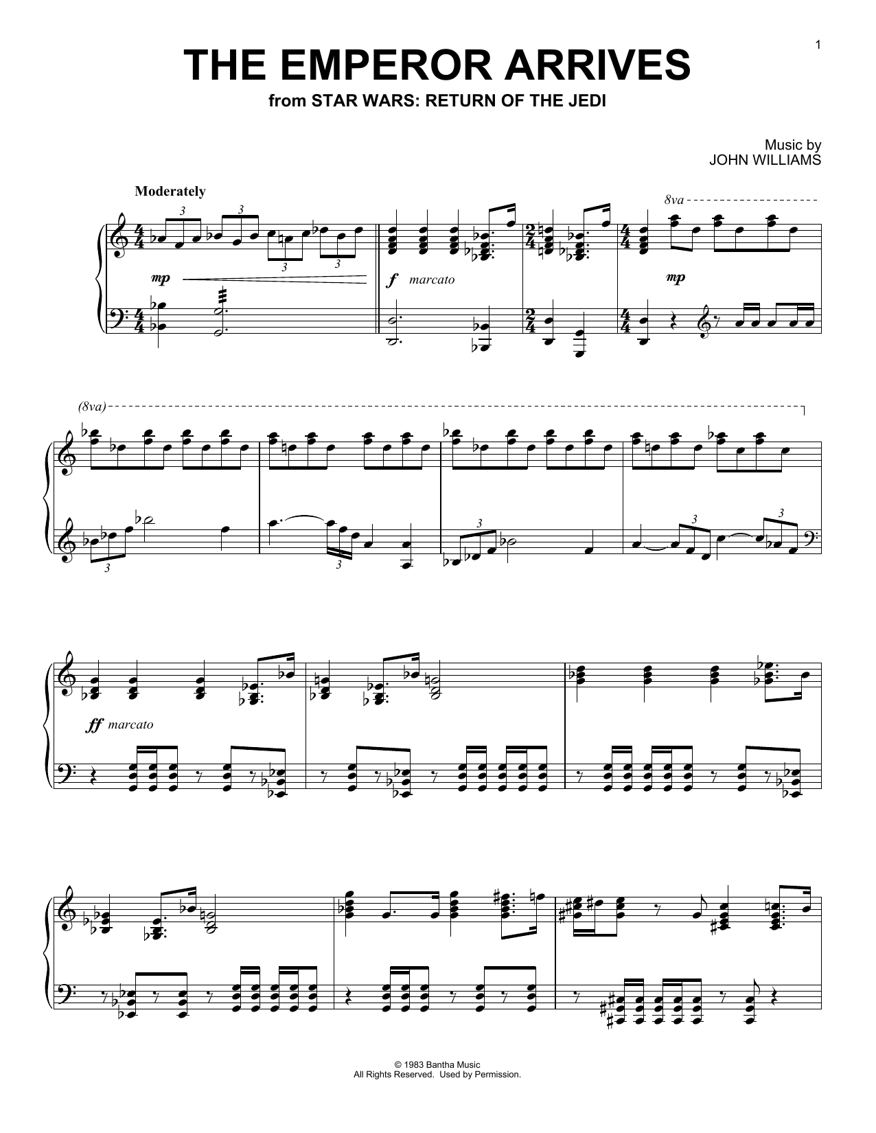 Download John Williams The Emperor Arrives (from Star Wars: Return Of The Jedi) Sheet Music and learn how to play Piano Solo PDF digital score in minutes