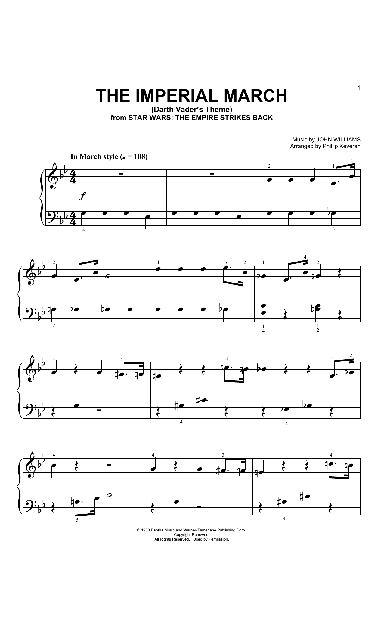 Download John Williams The Imperial March (arr. Phillip Keveren) Sheet Music and learn how to play Big Note Piano PDF digital score in minutes
