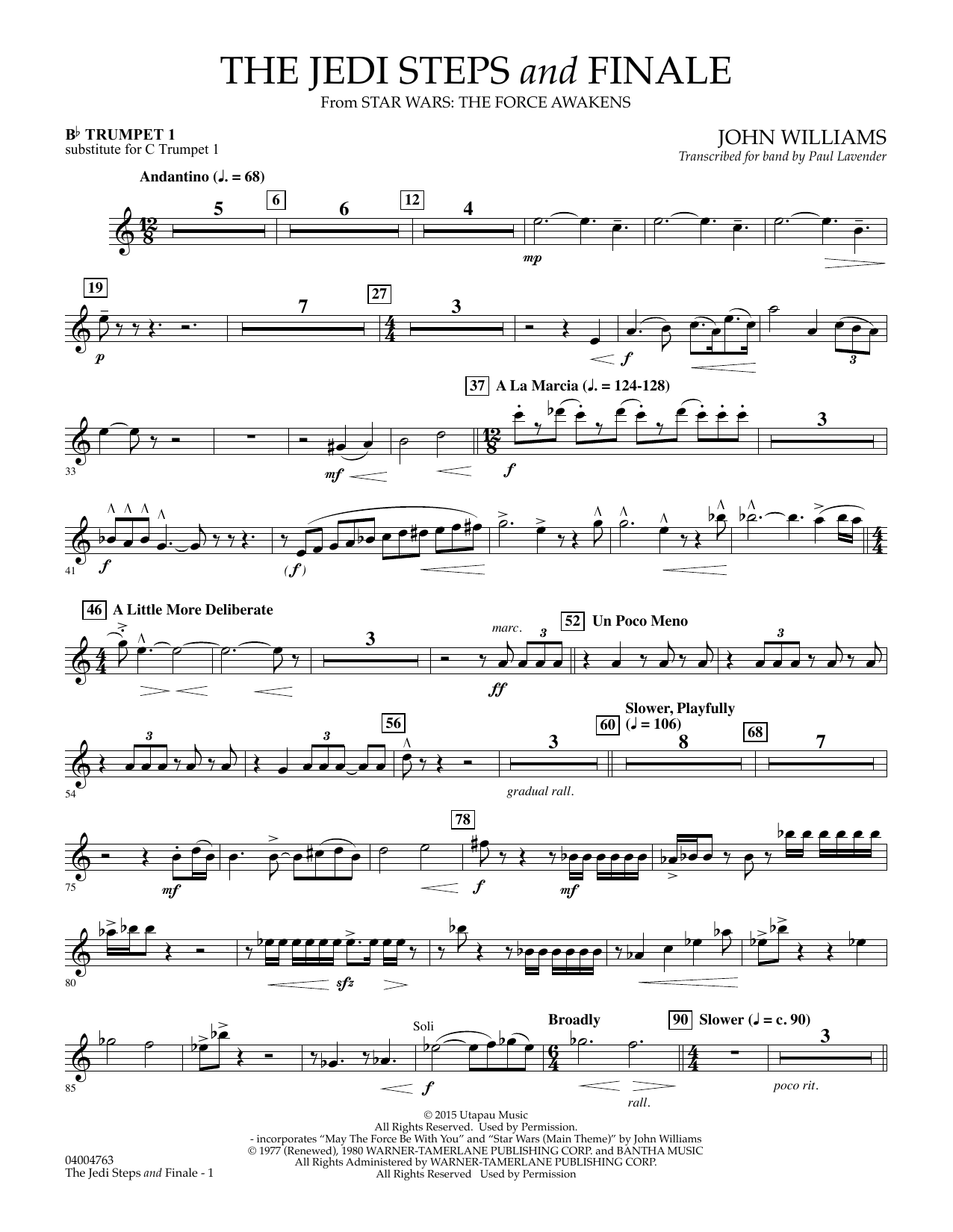 Download John Williams The Jedi Steps and Finale (from Star Wars: The Force Awakens) - Bb Trumpet 1 (su Sheet Music and learn how to play Concert Band PDF digital score in minutes