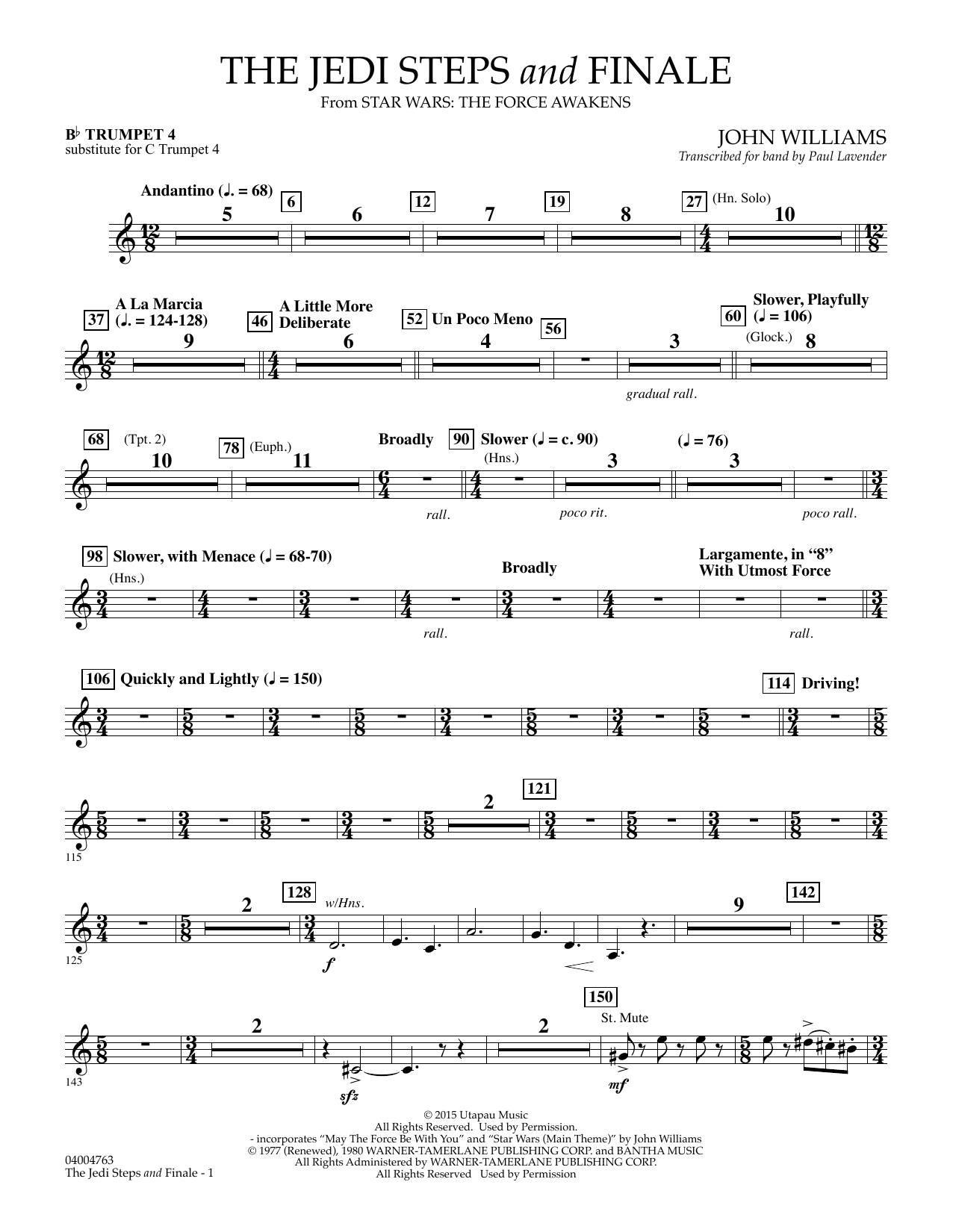 Download John Williams The Jedi Steps and Finale (from Star Wars: The Force Awakens) - Bb Trumpet 4 (su Sheet Music and learn how to play Concert Band PDF digital score in minutes