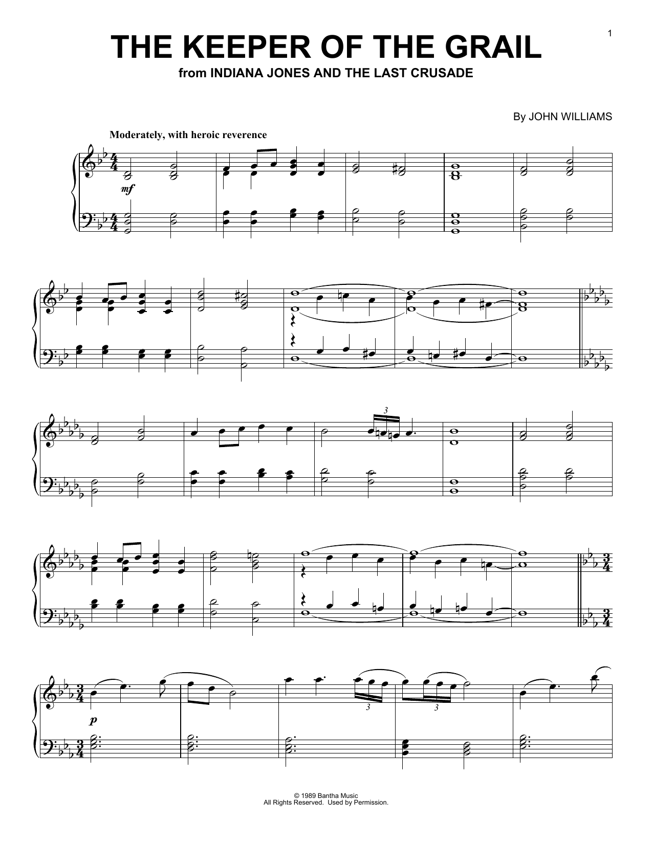 Download John Williams The Keeper Of The Grail (from Indiana Jones and the Last Crucade) Sheet Music and learn how to play Piano Solo PDF digital score in minutes