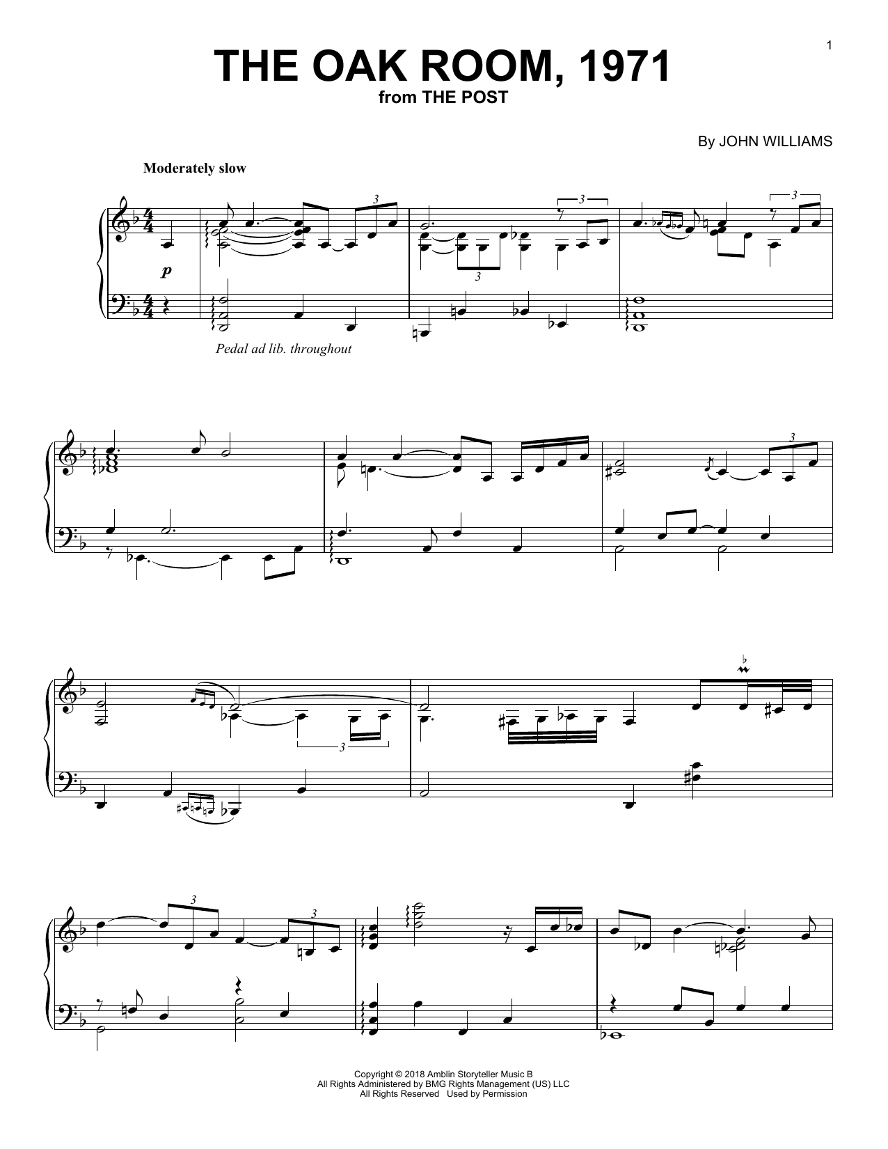 Download John Williams The Oak Room, 1971 (from The Post) Sheet Music and learn how to play Piano PDF digital score in minutes