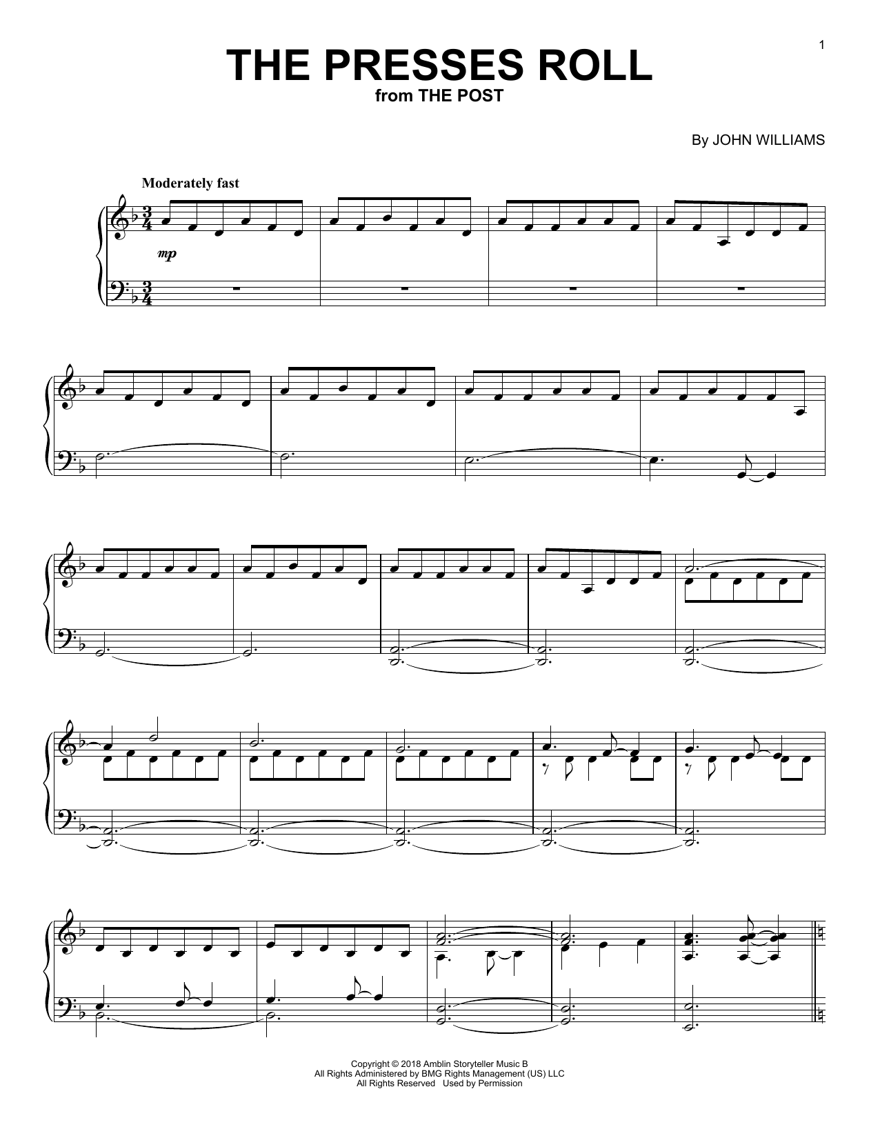 Download John Williams The Presses Roll (from The Post) Sheet Music and learn how to play Piano PDF digital score in minutes