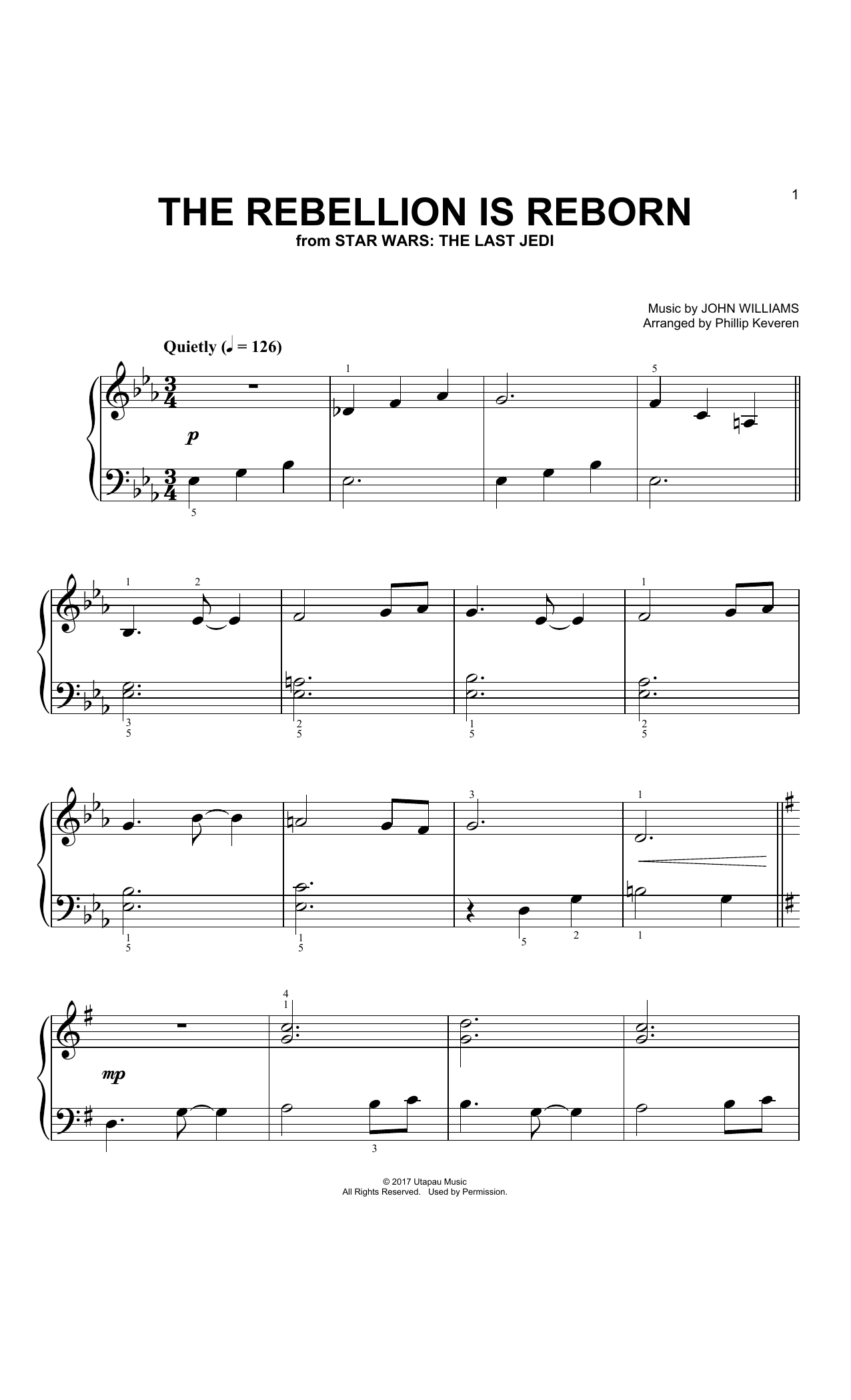 Download John Williams The Rebellion Is Reborn (arr. Phillip Keveren) Sheet Music and learn how to play Big Note Piano PDF digital score in minutes
