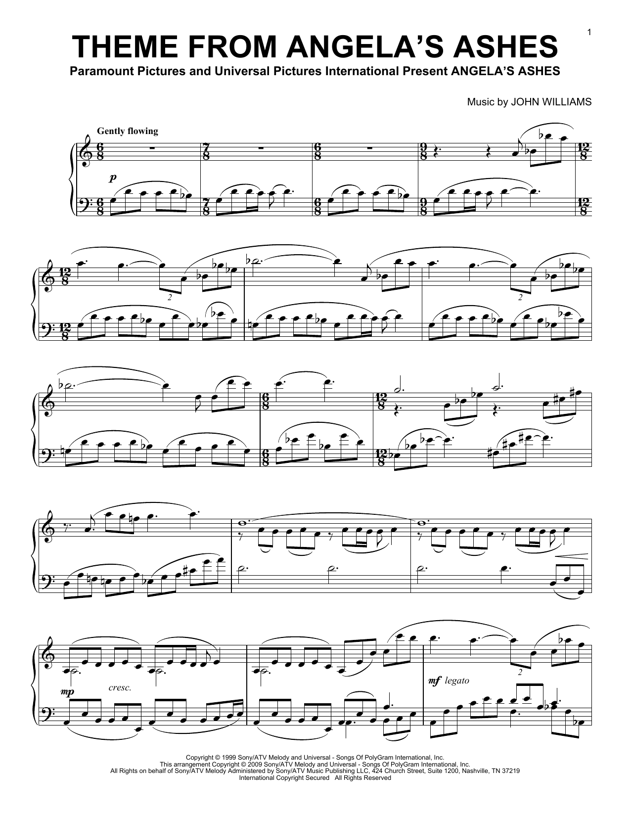 Download John Williams Theme From Angela's Ashes Sheet Music and learn how to play Piano PDF digital score in minutes