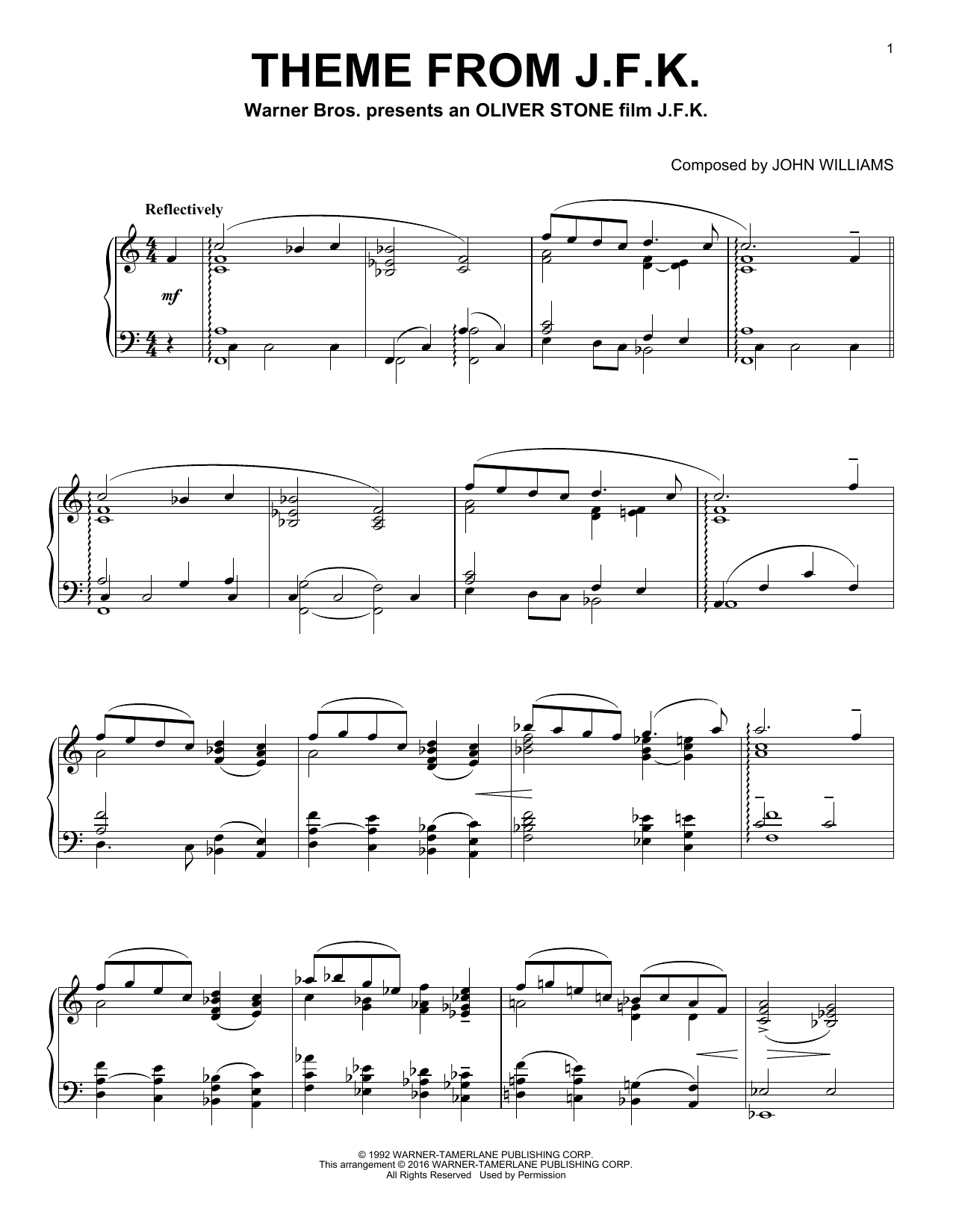 Download John Williams Theme From J.F.K. Sheet Music and learn how to play Piano PDF digital score in minutes