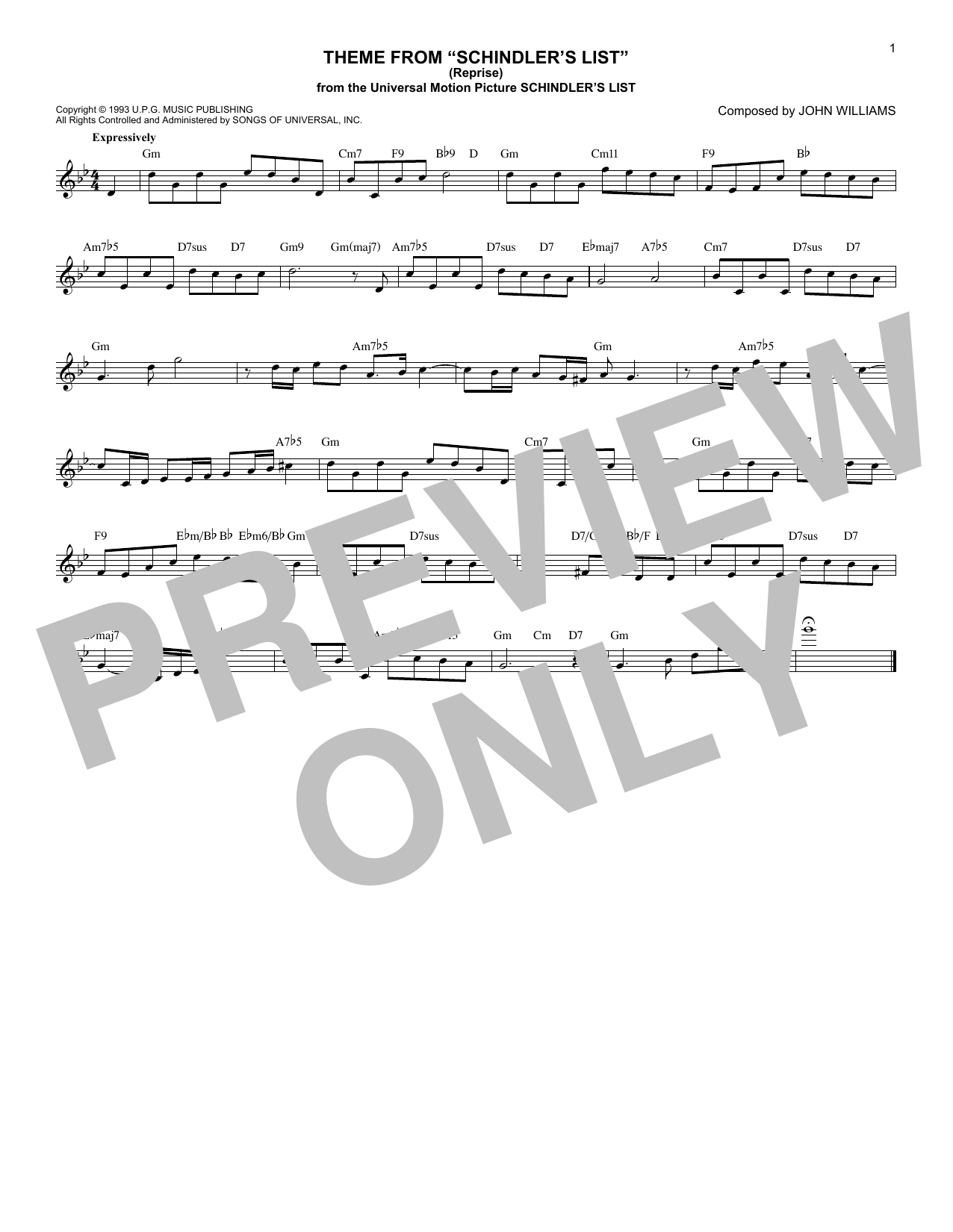 Download John Williams Theme From Schindler's List (Reprise) Sheet Music and learn how to play Melody Line, Lyrics & Chords PDF digital score in minutes