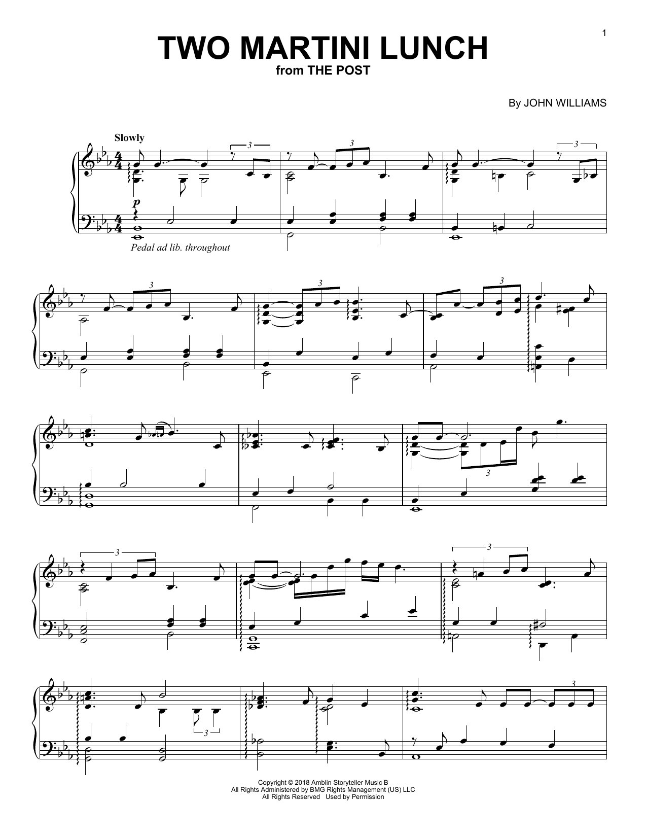 Download John Williams Two Martini Lunch (from The Post) Sheet Music and learn how to play Piano PDF digital score in minutes