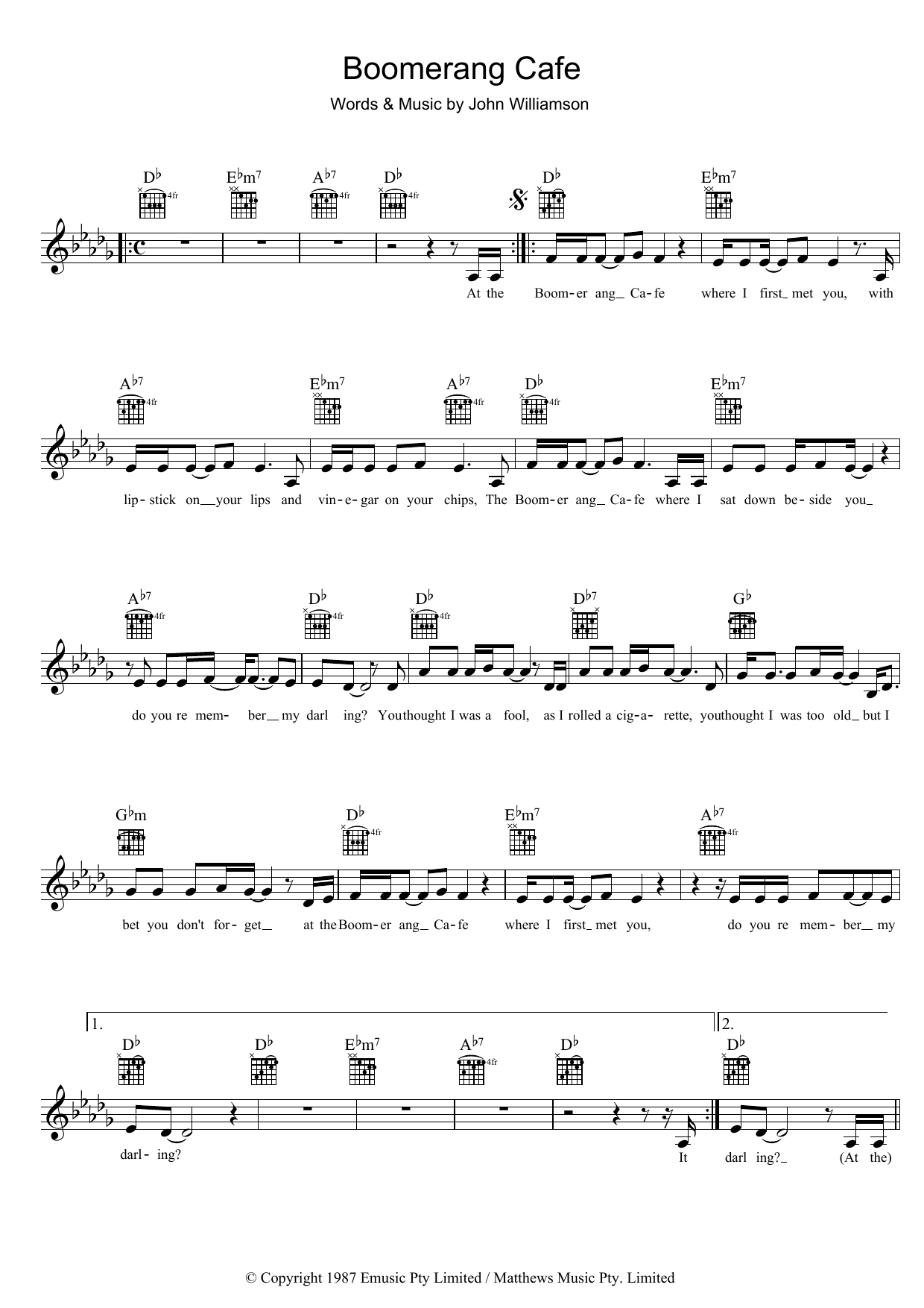 Download John Williamson Boomerang Cafe Sheet Music and learn how to play Melody Line, Lyrics & Chords PDF digital score in minutes