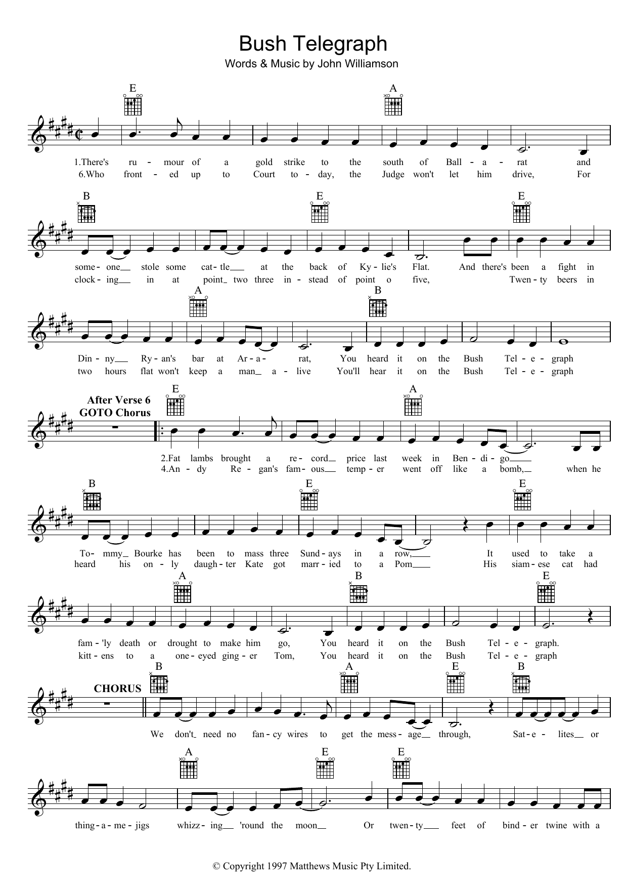 Download John Williamson Bush Telegraph Sheet Music and learn how to play Melody Line, Lyrics & Chords PDF digital score in minutes