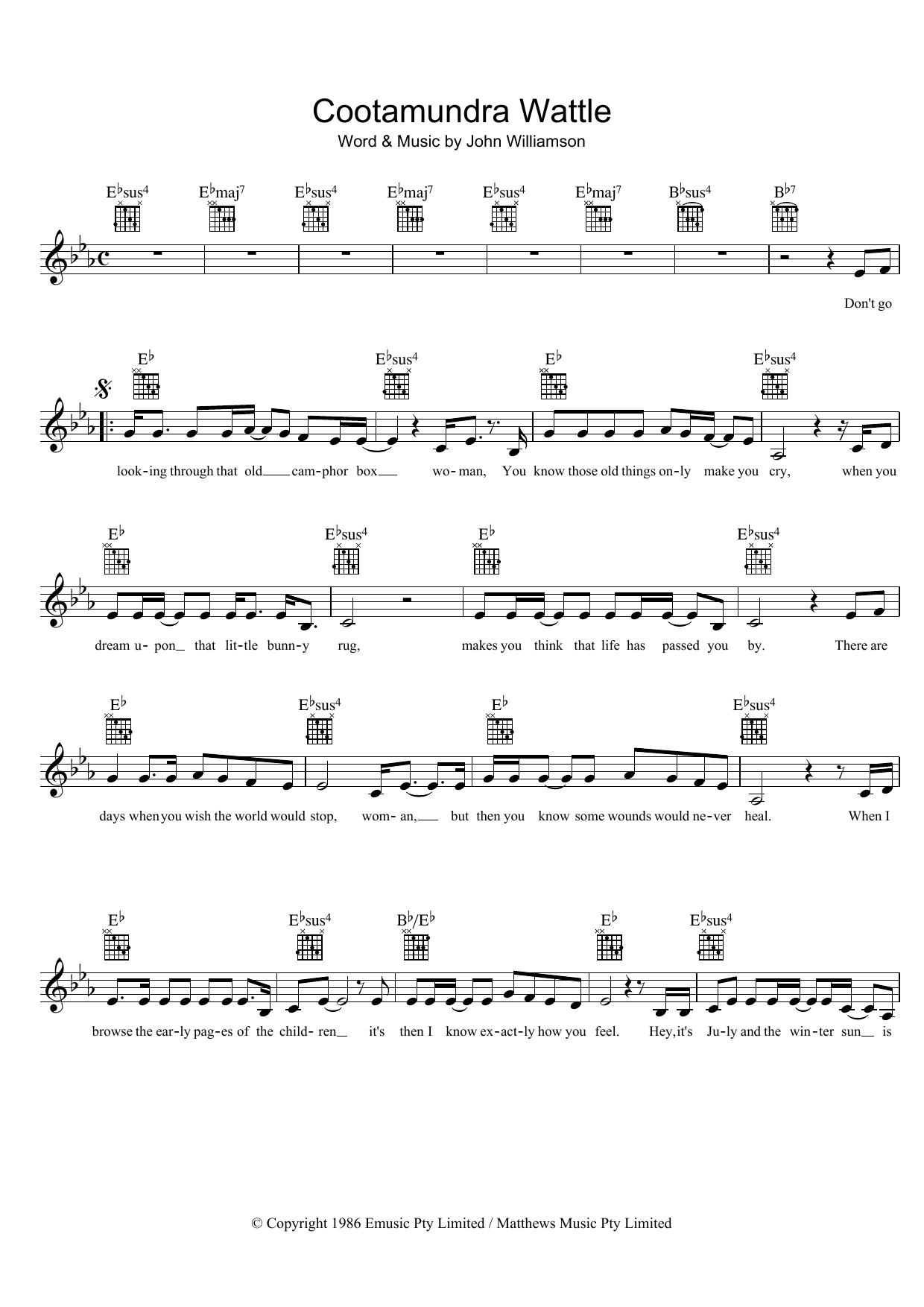 Download John Williamson Cootamundra Wattle Sheet Music and learn how to play Melody Line, Lyrics & Chords PDF digital score in minutes