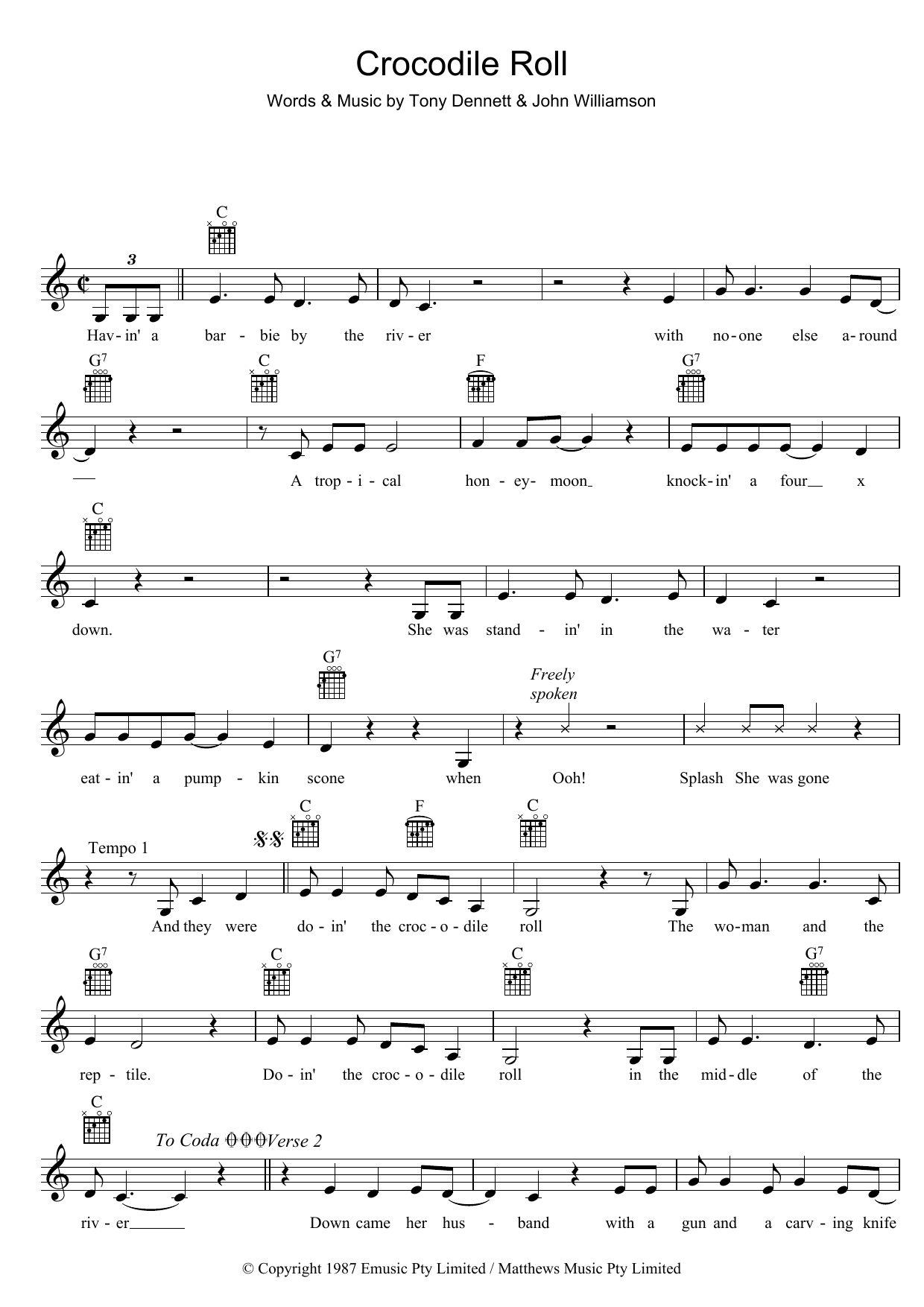 Download John Williamson Crocodile Roll Sheet Music and learn how to play Melody Line, Lyrics & Chords PDF digital score in minutes