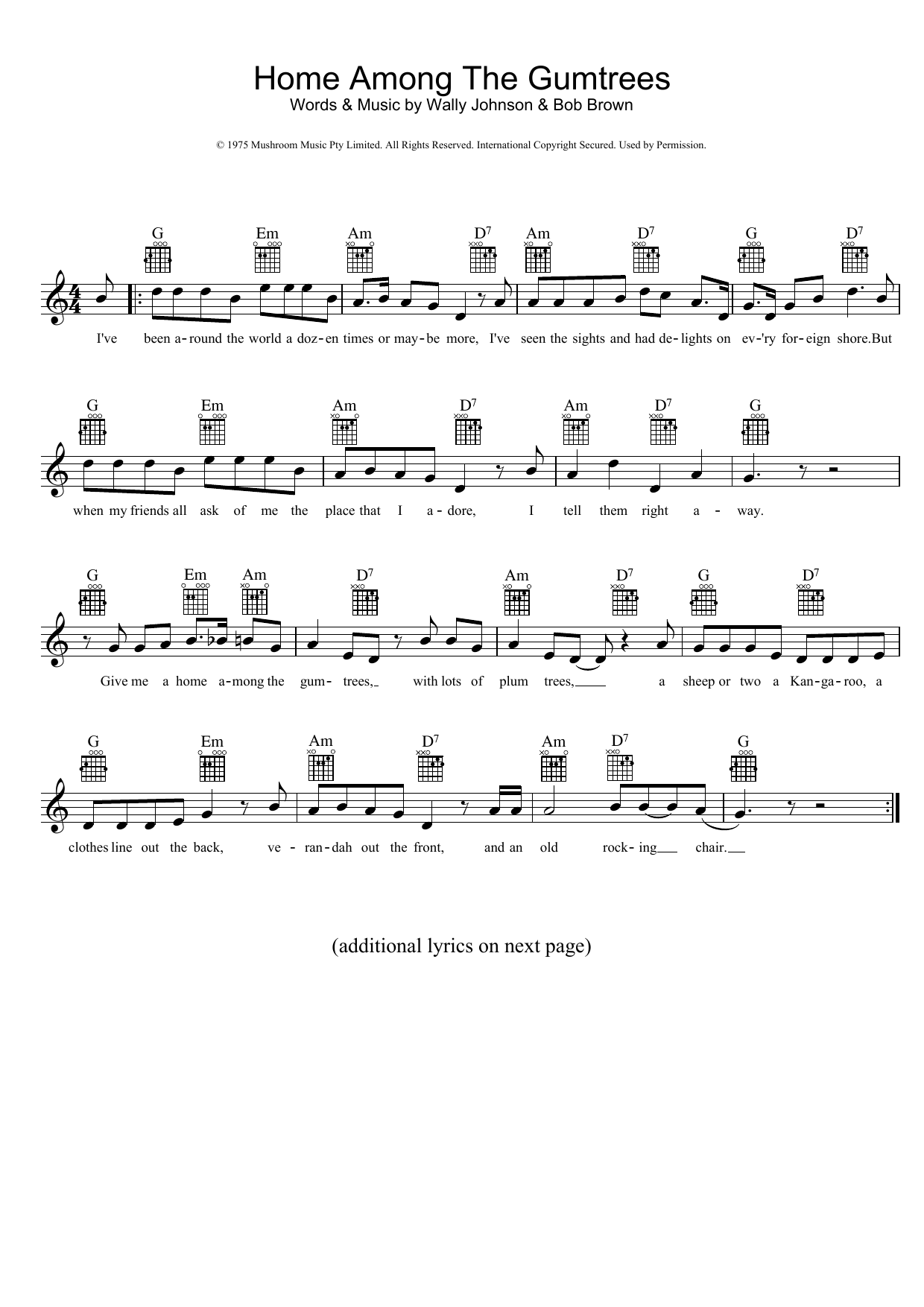 Download John Williamson Home Among The Gumtrees Sheet Music and learn how to play Melody Line, Lyrics & Chords PDF digital score in minutes