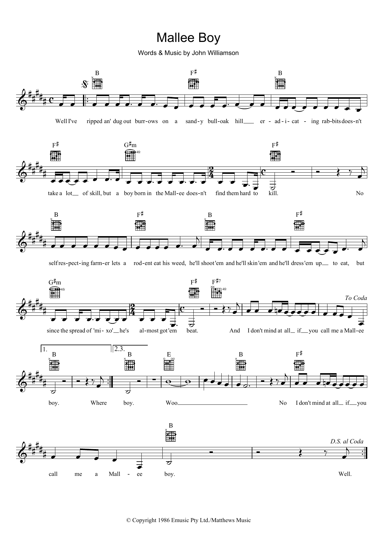 Download John Williamson Mallee Boy Sheet Music and learn how to play Melody Line, Lyrics & Chords PDF digital score in minutes