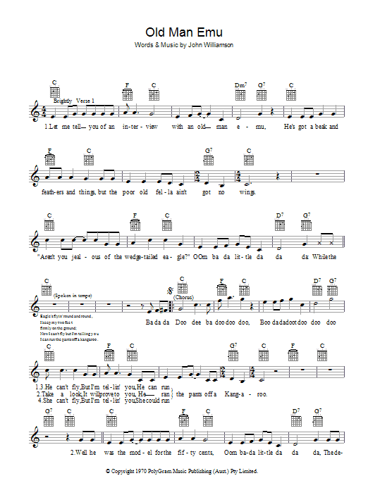 Download John Williamson Old Man Emu Sheet Music and learn how to play Melody Line, Lyrics & Chords PDF digital score in minutes