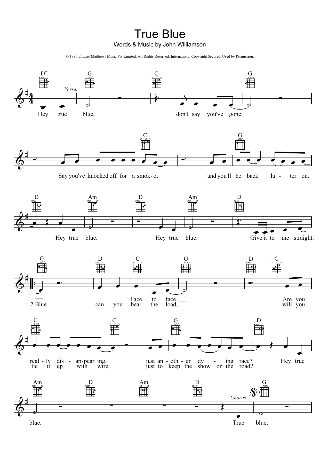 Download John Williamson True Blue Sheet Music and learn how to play Melody Line, Lyrics & Chords PDF digital score in minutes