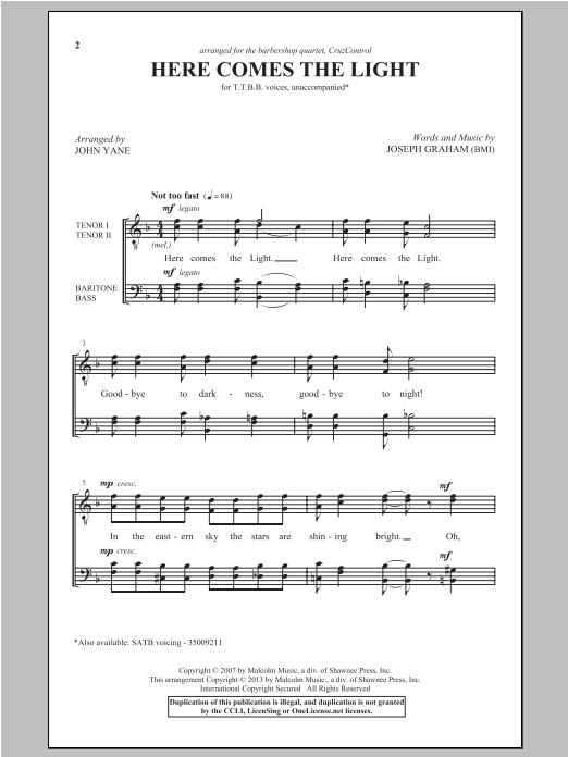 Download John Yane Here Comes The Light Sheet Music and learn how to play TTBB PDF digital score in minutes