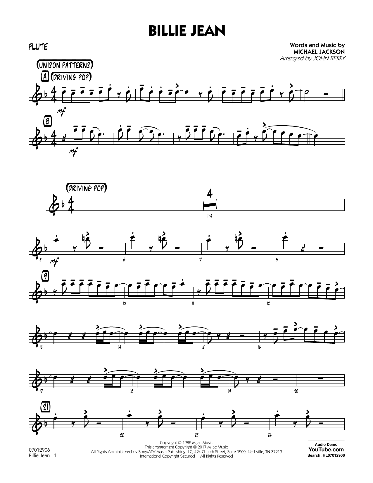composite saint Ours John Berry "Billie Jean - Flute" Sheet Music Notes | Download Printable PDF  Score 373674