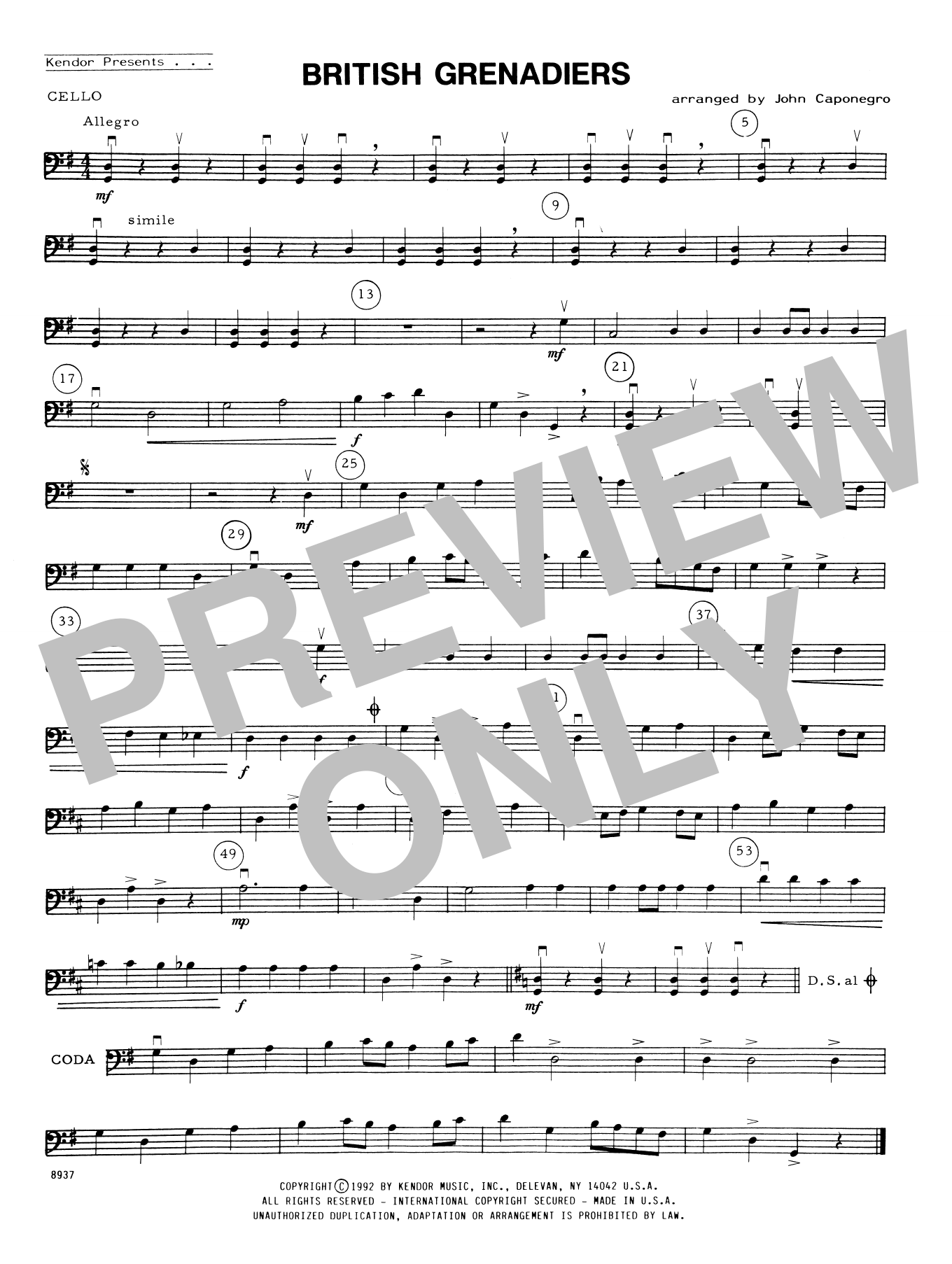 John Caponegro "British Grenadiers Cello" Sheet Music Notes